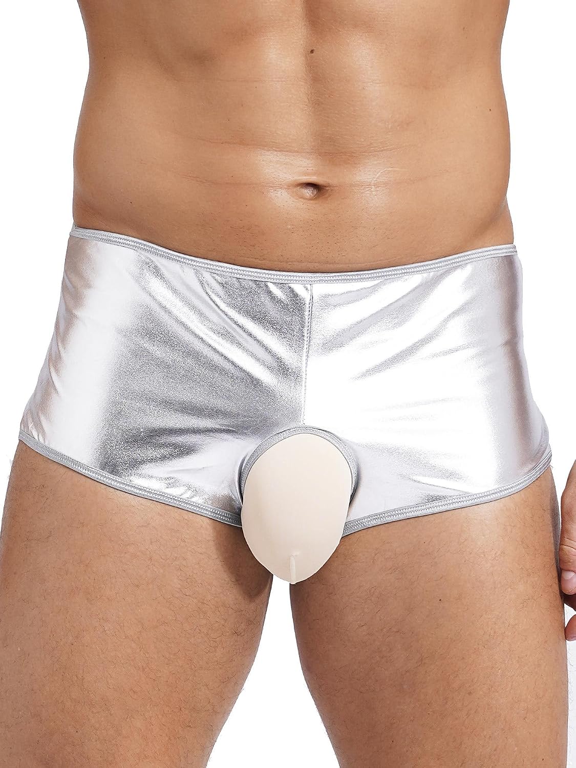 Hularka Men's Sexy Open Crotch Underwear Shiny Metallic Low Rise Boxer Shorts Underpants Clubwear