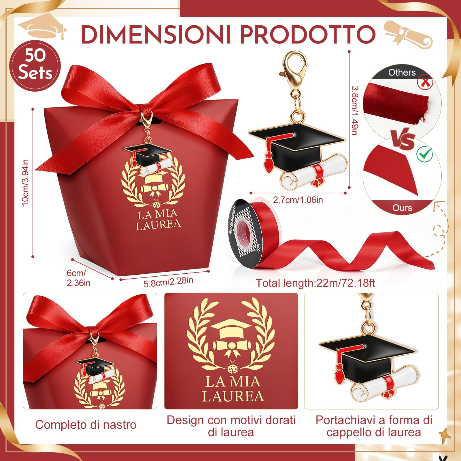 50 Set Scatoline Portaconfetti Laurea, Scatoline portaconfetti per laurea,Sacchettini per Caramelle Gioielli Regalo,per Festa Lauree Congratulazioni Confetti Regal (Rosso)