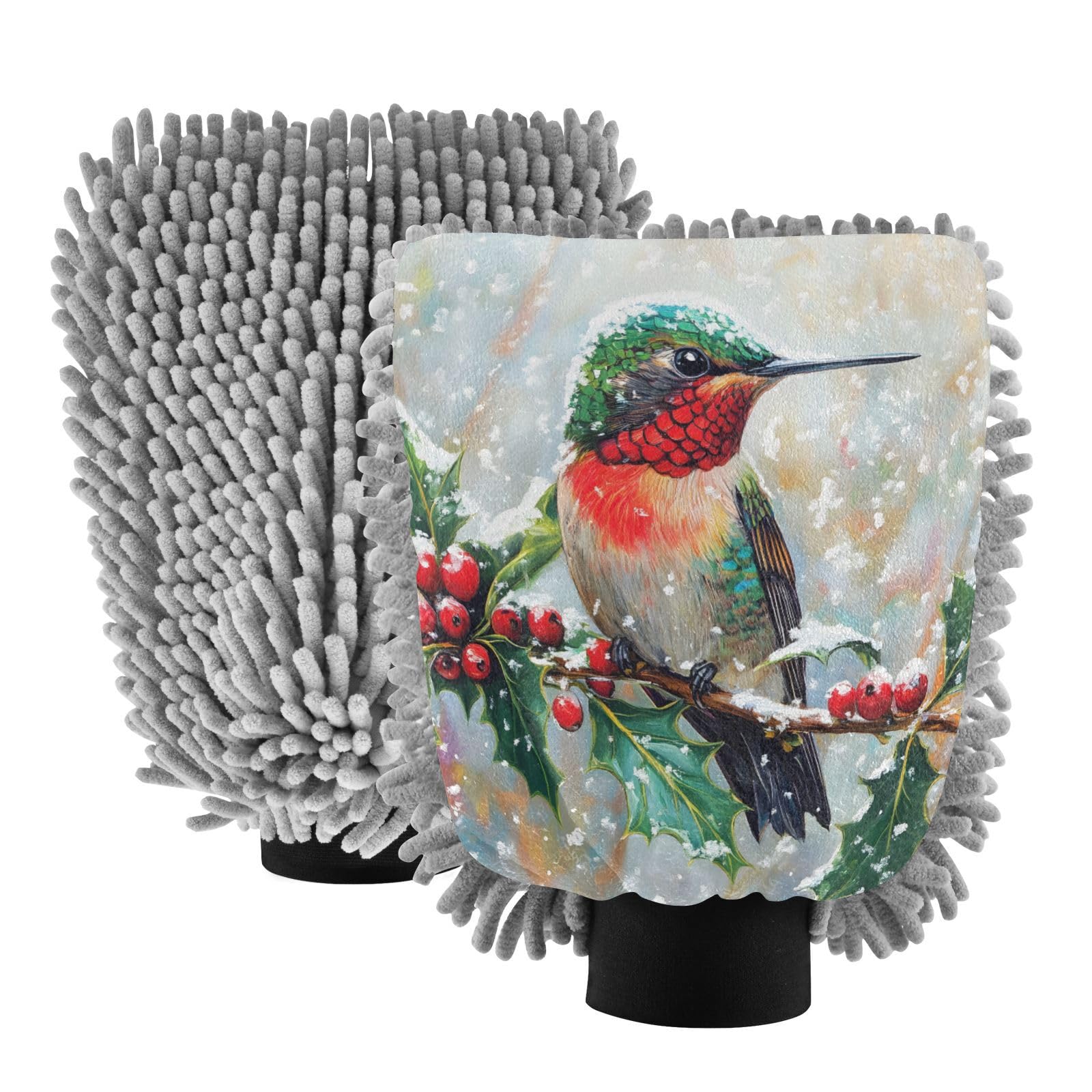 STAYTOP Berries and Hummingbirds Car Wash Mitt Microfiber, 2Pcs Scratch Free Lint-Free, Premium Chenille Microfiber Mitt Car Wash Brush-L