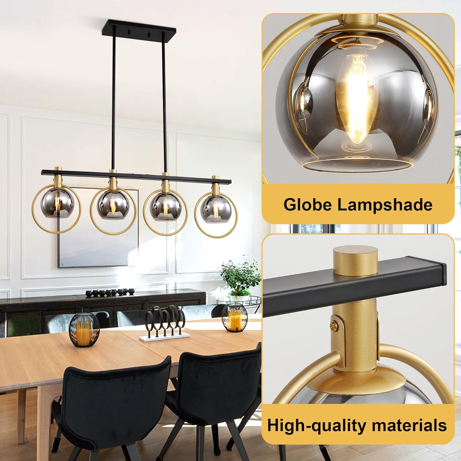 Gold Black Chandelier Modern Dining Room Light Fixture 4-Light Kitchen Island Lighting Hanging for Farmhouse Linear Chandeliers Mid Century Chandelier with Smoke Glass Globe Shade