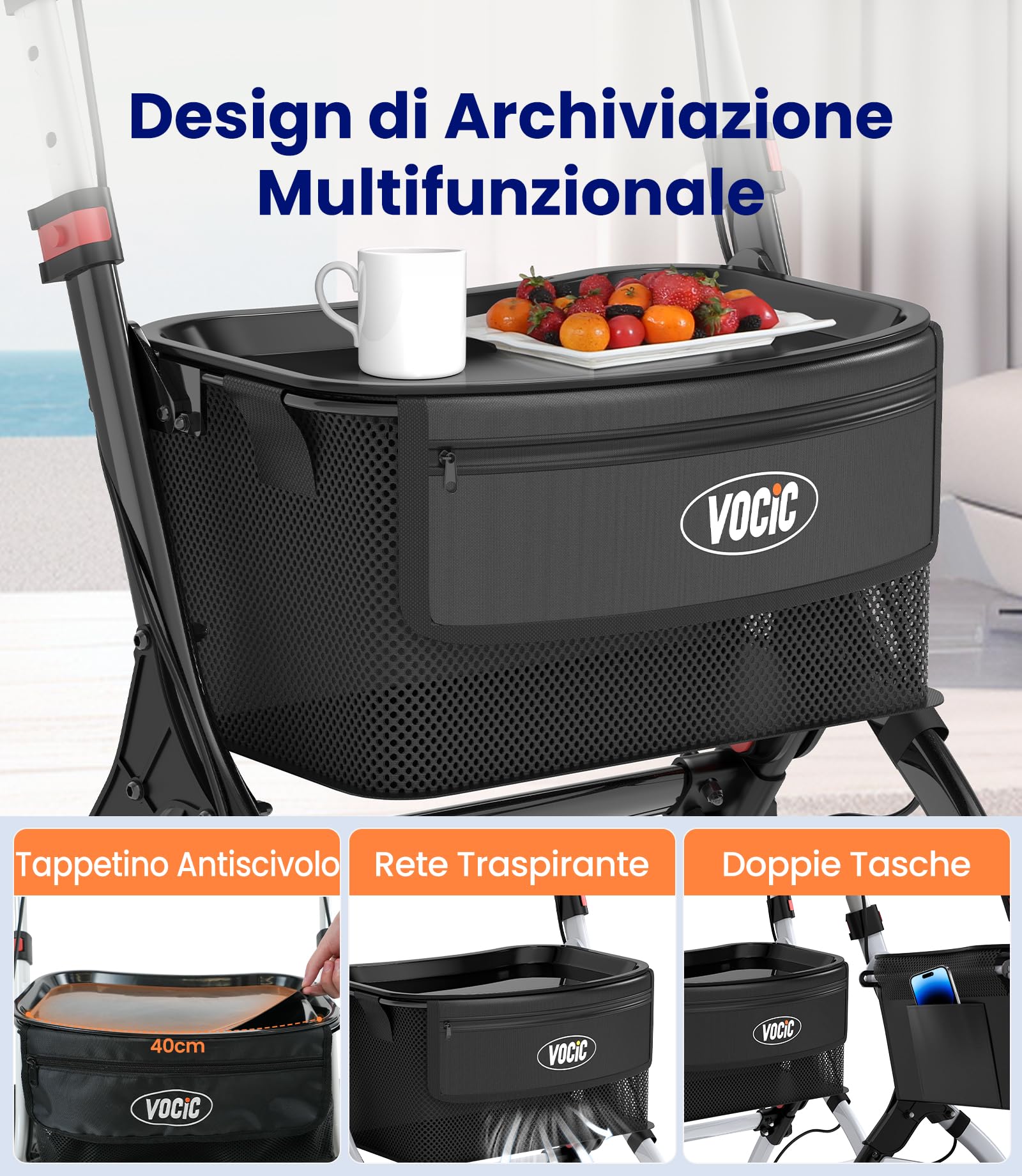 VOCIC Z32 Deambulatore sottile per casa, deambulatore interno pieghevole e leggero, stabile rollator con spuer pneumatici antiscivolo silenziosi, deambulatori per anziani pieghevole vassoio, nero