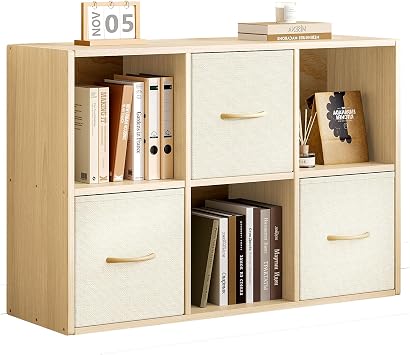 EXPERLAM 6 Cube Storage Organizer - Solid Wood Bookshelf with 3 Storage Bins, Cube Shelf with 2 Removable Back Panels, Vertical or Horizontal Bookcase, Open Book Shelf for Bedroom, Living Room, Office