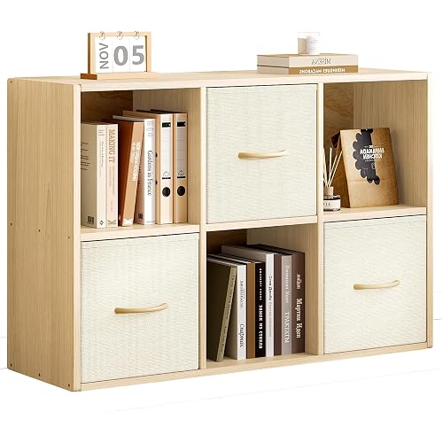 EXPERLAM 6 Cube Storage Organizer - Solid Wood Bookshelf with 3 Storage Bins, Cube Shelf with 2 Removable Back Panels, Vertical or Horizontal Bookcase, Open Book Shelf for Bedroom, Living Room, Office