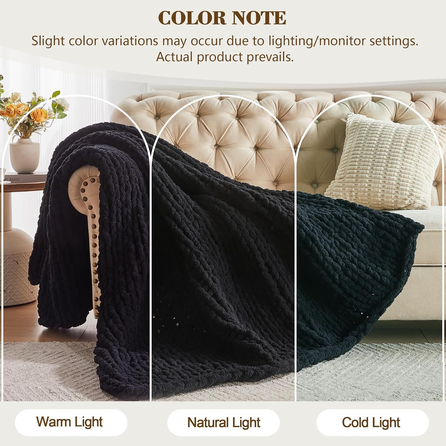 Carriediosa Chunky Knit Throw Blanket 50" X 60", 100% Hand Made Large Chenille Loop Yarn Soft Fluffy Throws for Couch Sofa Bed, Big Crochet Cozy Heavy Thick Cable Woven Blankets, Black - Image 2