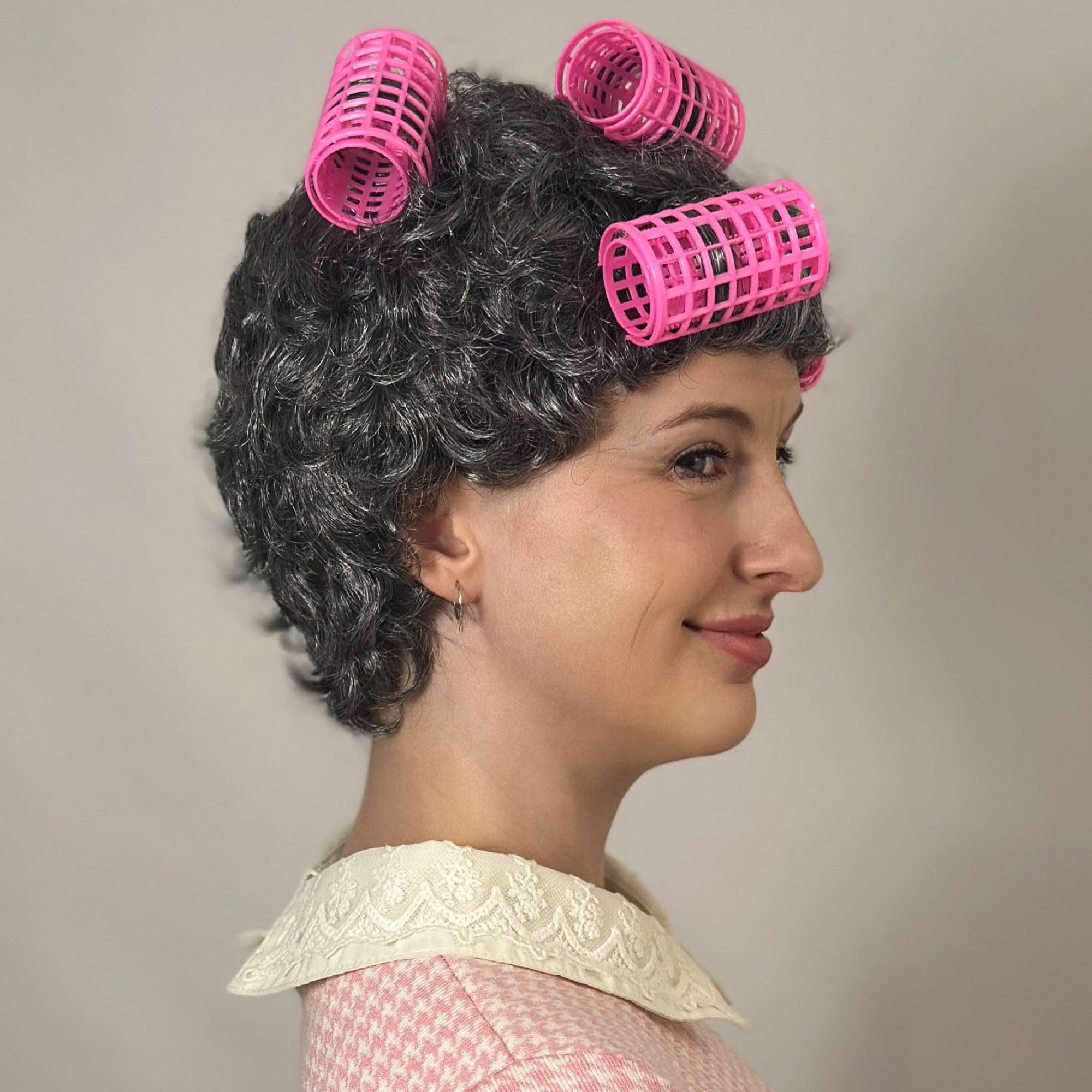 ALLAURA Retro Grey Housewife Wig with Curlers, Adult Old Lady Costume Hairpiece, MatteSilk Synthetic Fiber - Image 4