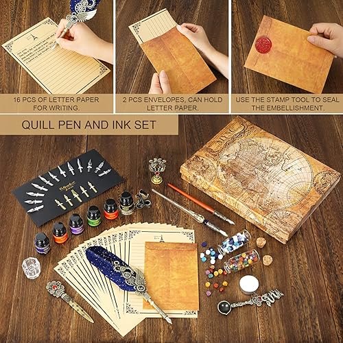 Miniatura 6 de Juego de tintas de pluma, con pluma, bolígrafo de inmersión de madera, bolígrafo de inmersión de vidrio, tinta de 6 botellas, 16 papel de cartas, 2