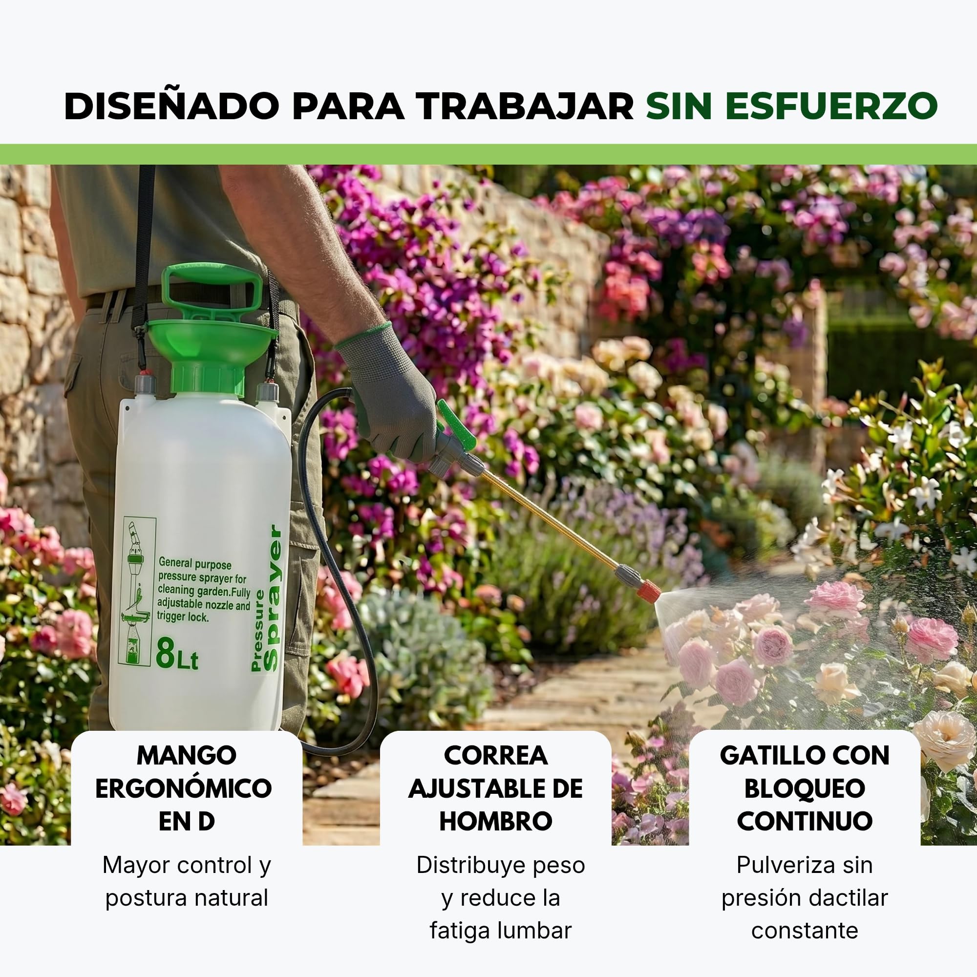 Pulverizador a presion de Agua 8L para Plantas JAMAX – Botella Pulverizadora Presión Manual, Ideal para Jabón Potásico, Herbicida y Cuidado de Jardín | Sulfatadora Manual (8 litros)