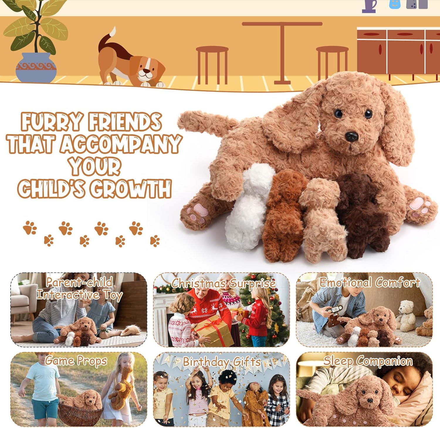 HyDren 5 Pcs Labradoodle Nurturing Dog Stuffed Animal Sets 15 Inch Soft Cuddly Labradoodle Plush Toys Nursing Mommy Dog with 4 Puppy Stuffed Animals for Kids Birthday Easter Party Gifts