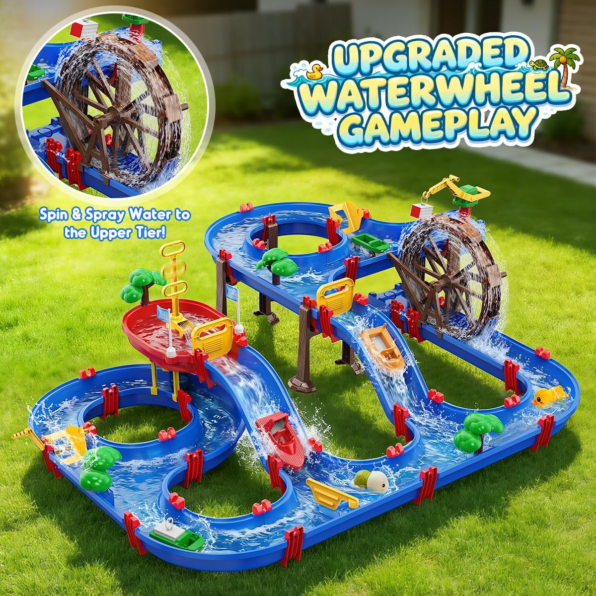 VATOS 2-Tier Watermill Summer Water Table, 124 PCS DIY Water Table with Water Pump Toys for Toddlers 3-5 4-7 Years Old, Fun Water Playset Outdoor Water Toys for Backyard, Beach, Balcony, Garden