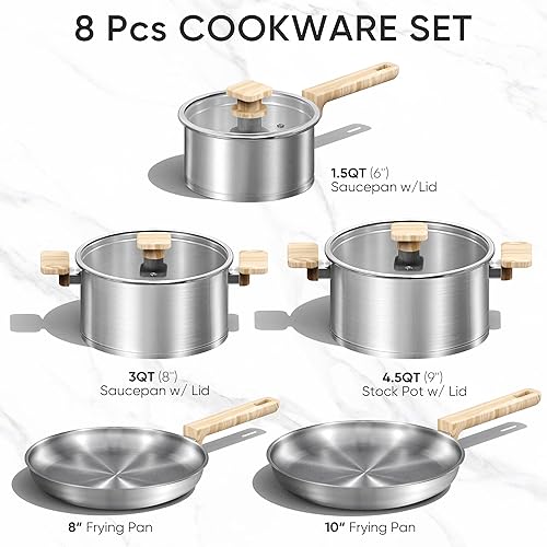 Miniatura 2 de CAROTE Juego de 8 utensilios de cocina de acero inoxidable, ollas y sartenes de acero inoxidable con tapas de vidrio templado, juegos de utensilios