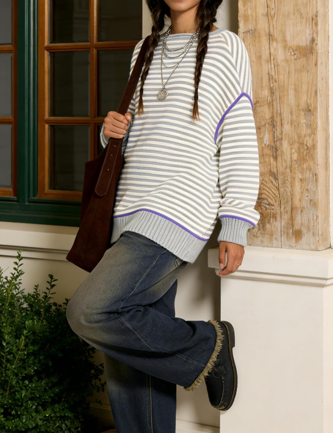 Women's Oversized Striped Sweater Long Sleeve Crew Neck Fall Pullover Sweater Tops - Image 3