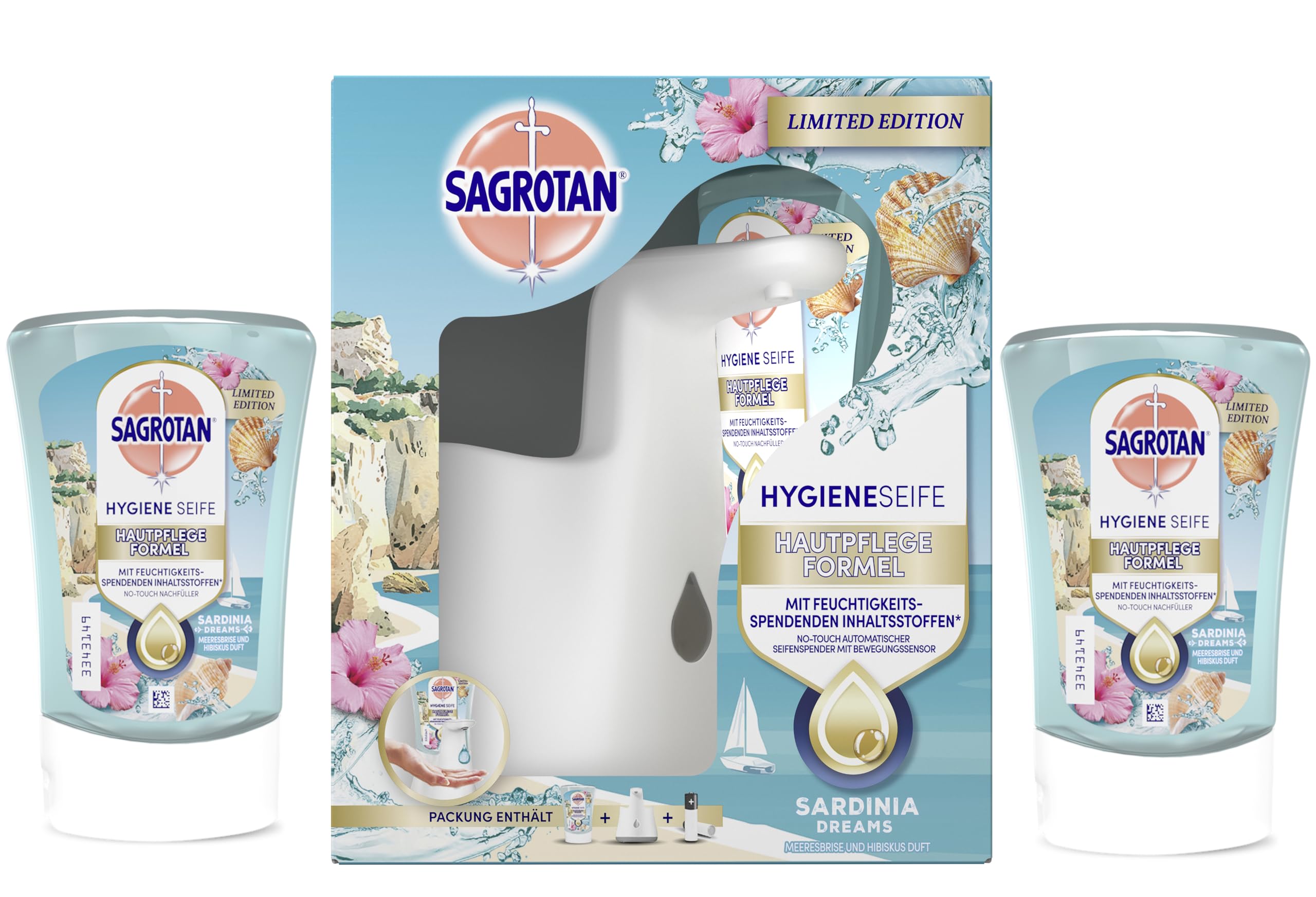 Sagrotan No-Touch Starter-Set – Automatischer Seifenspender - inkl. 3 x 250 ml Summer Limited Edition SARDINIA DREAMS