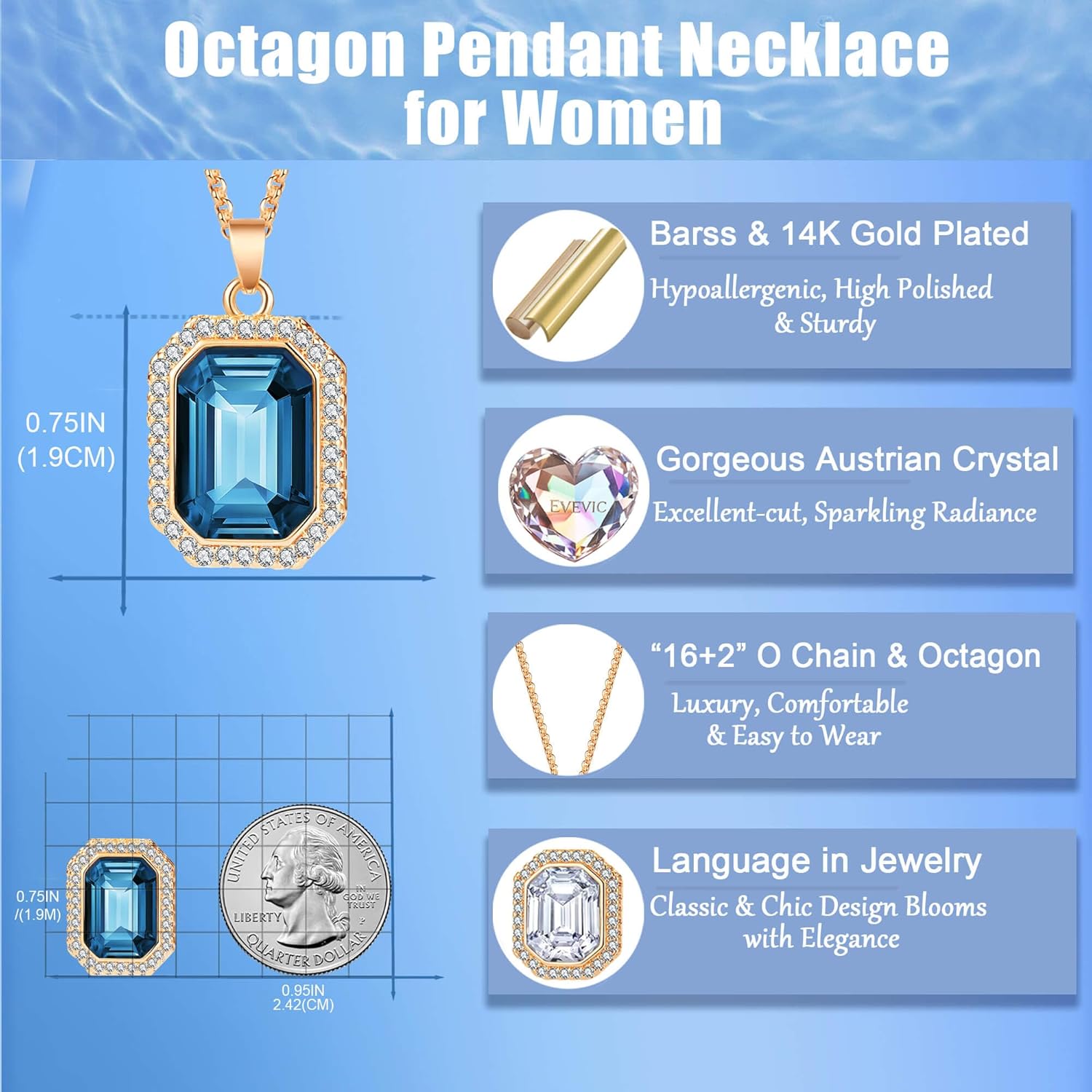 EVEVIC Austrian Crystal Halo Octagon Pendant Necklaces for Women Fashion 14K Gold Plated Dainty Necklace Hypoallergenic Jewelry - Image 5