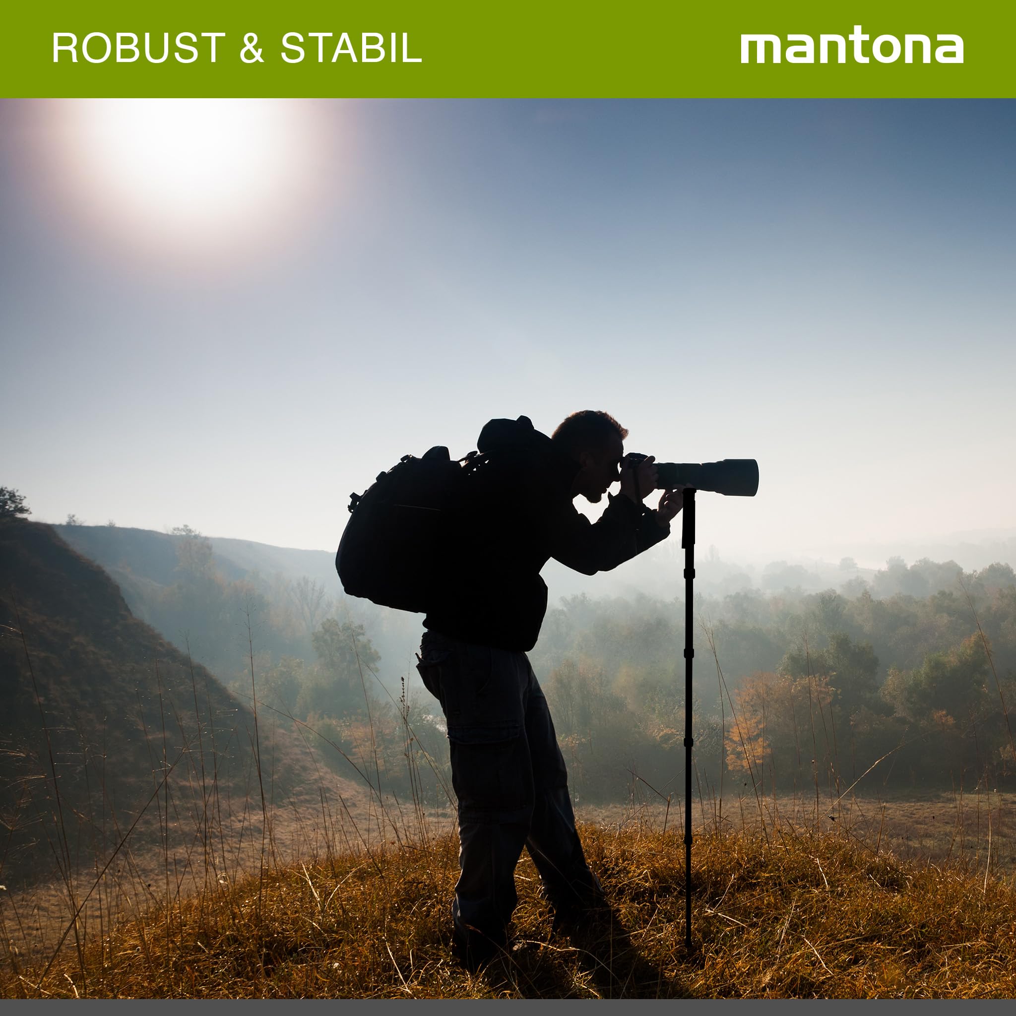 mantona Pro One Einbeinstativ aus ultraleichtem Carbon schwarz, Stativ höhenverstellbar von 44 cm bis 165 cm, praktische Schaumstoffummantelung & Handschlaufe, kompakt & belastbar mit Zubehör