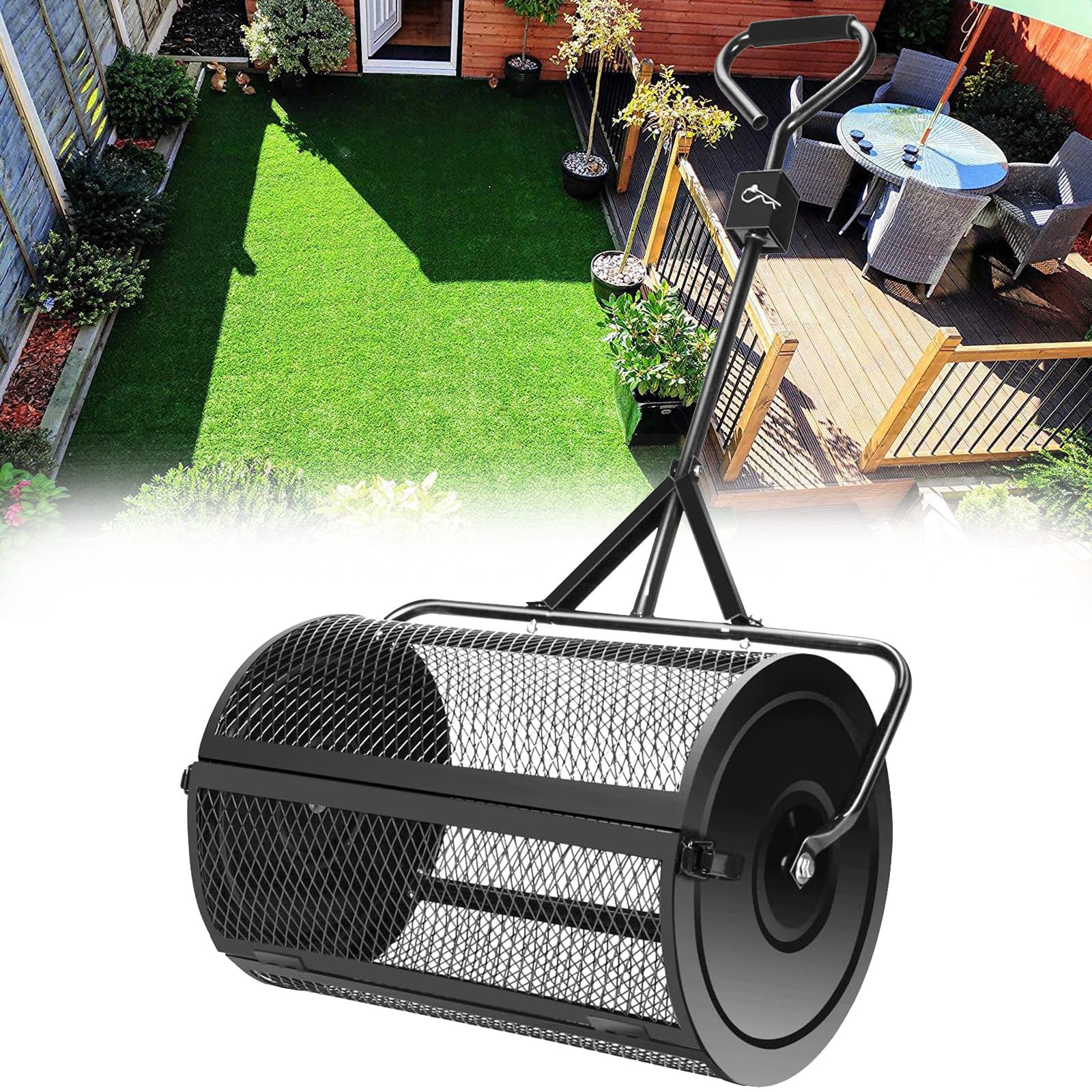 24 Calowy Rozrzutnik Kompostu, Rozrzutnik Rolkowy Mchu Torfowego, Nawóz do Trawników Ogrodowych, Rozsiewacz Nasion z Metalowym Koszem,Black-40 * 60cm