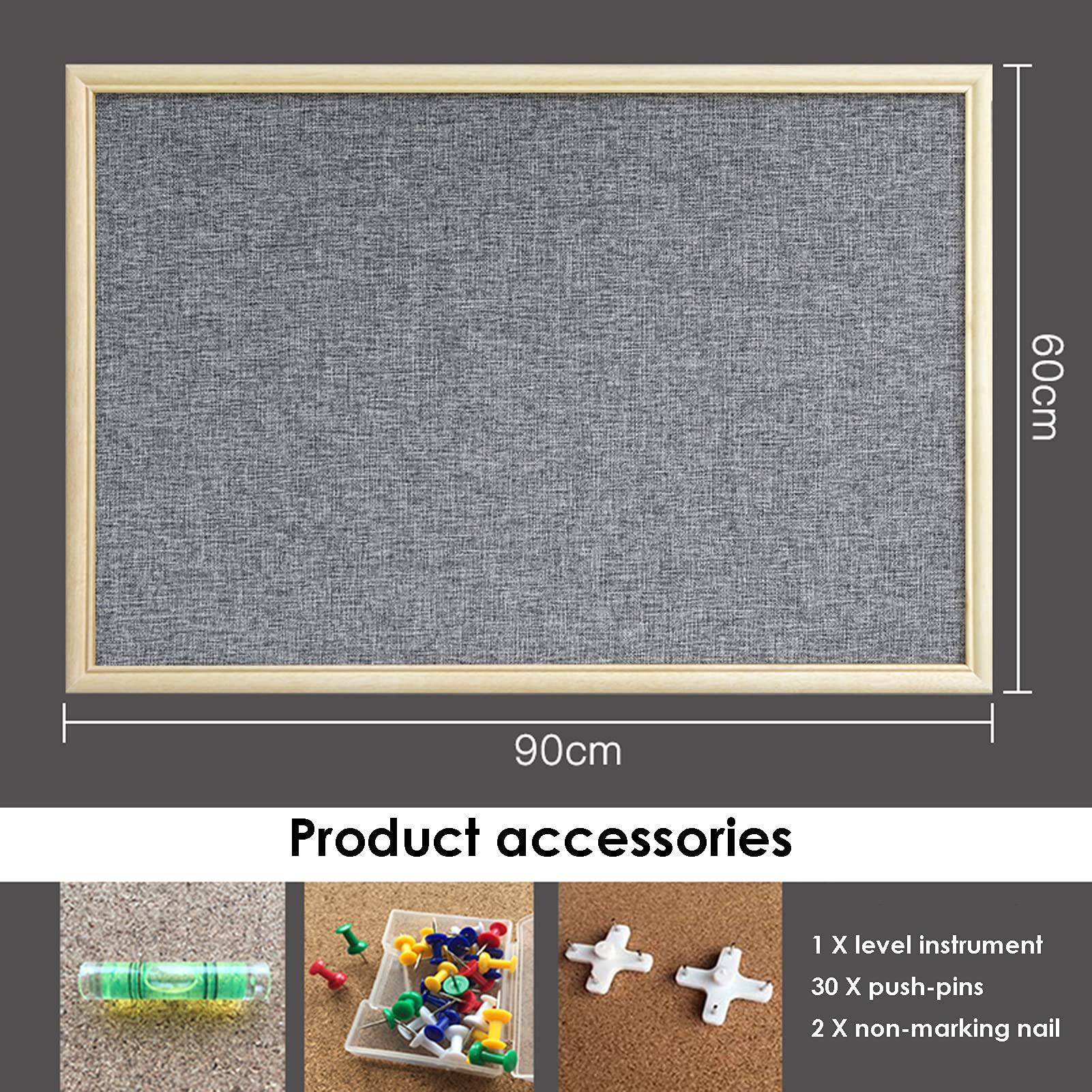 Tablica filcowa, korkowa tablica ogłoszeń, szara tkanina, drewniana rama, do domu, biura, szkoły, wiadomości, notatka, obraz, wymiary: 60 x 90 cm