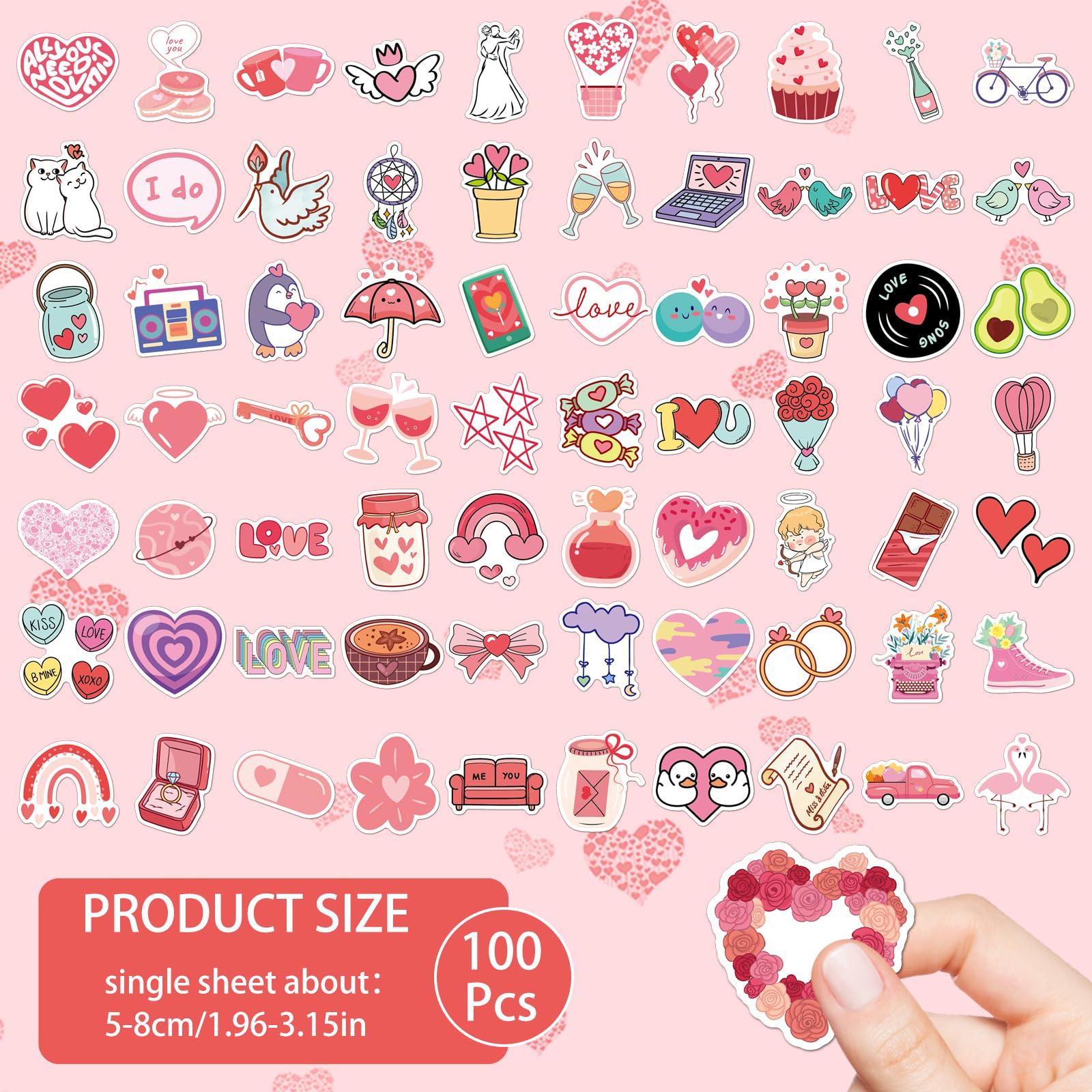 TIESOME 100 sztuk różowych naklejek w kształcie serca, słodkie naklejki do scrapbookingu, estetyczne naklejki na butelki z wodą, wodoodporne winylowe naklejki na koperty, laptop