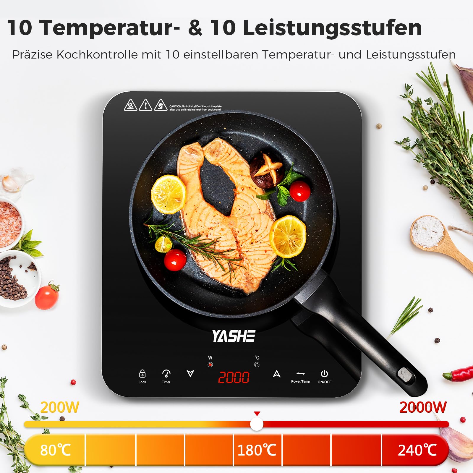 YASHE Induction Hob 2000W 1 Plate 10 Power Settings Timer Safety Lock