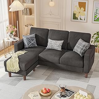 Homall Convertible Couches for Living Room, Comfy 3 Seat L Shaped Couch with Removable Ottoman, Small Sectional Sofa with Side Storage Pocket for Apartment and Office (Linen Fabric, Dark Grey)