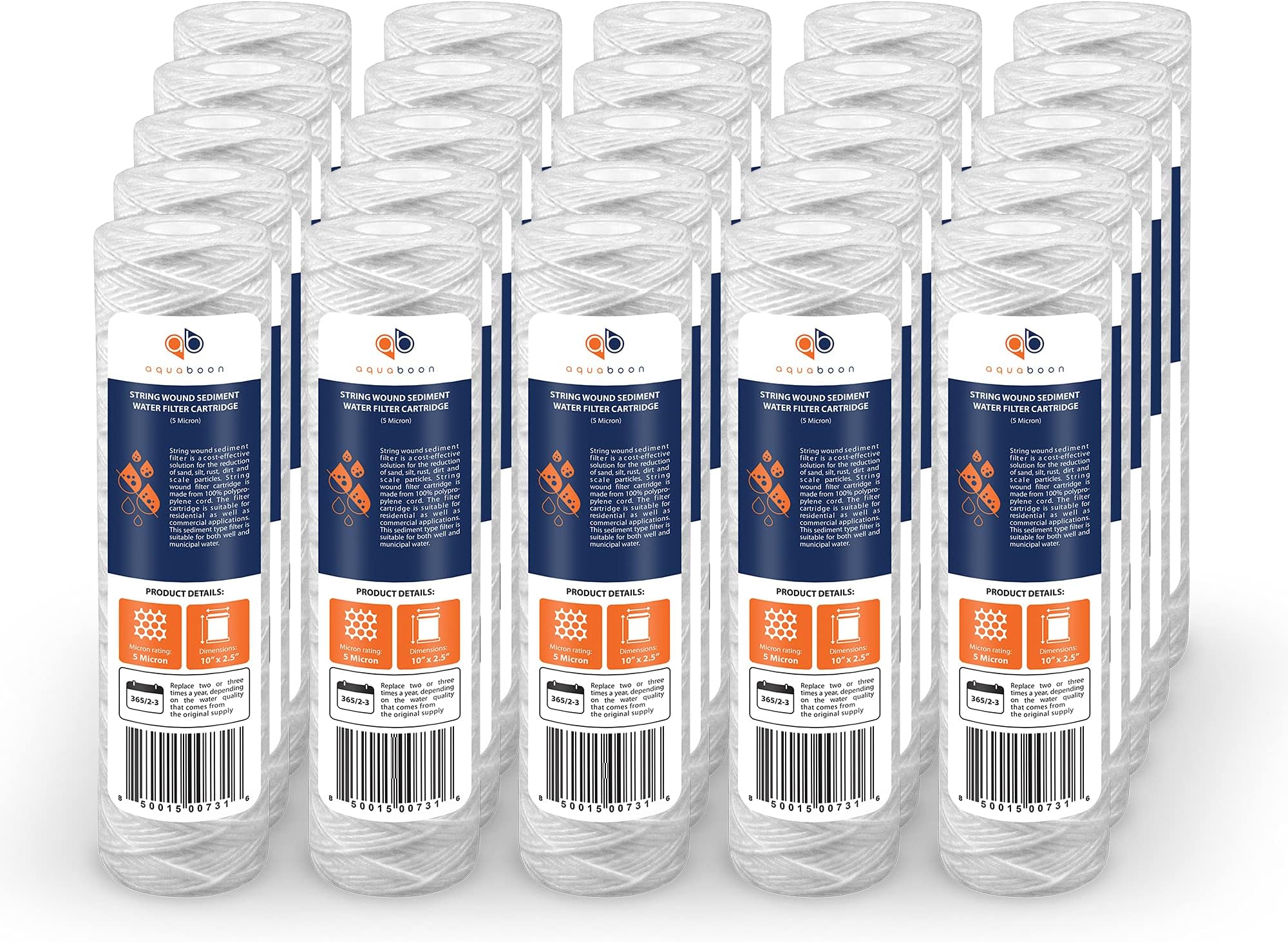 Aquaboon Whole House 5 Micron 10 x 2.5 String Wound Sediment Water Filter Cartridge Replacement Compatible with Well Water Filter WHKF-WHSW, 25-Pack