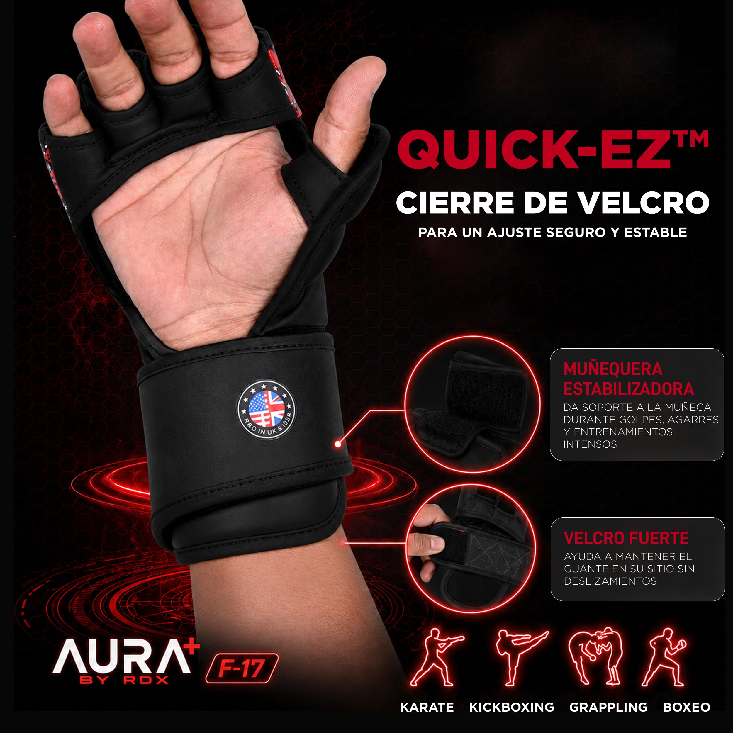 RDX Aura Plus F-17 Guantes de MMA de Cuero con Protección Reforzada para el Pulgar