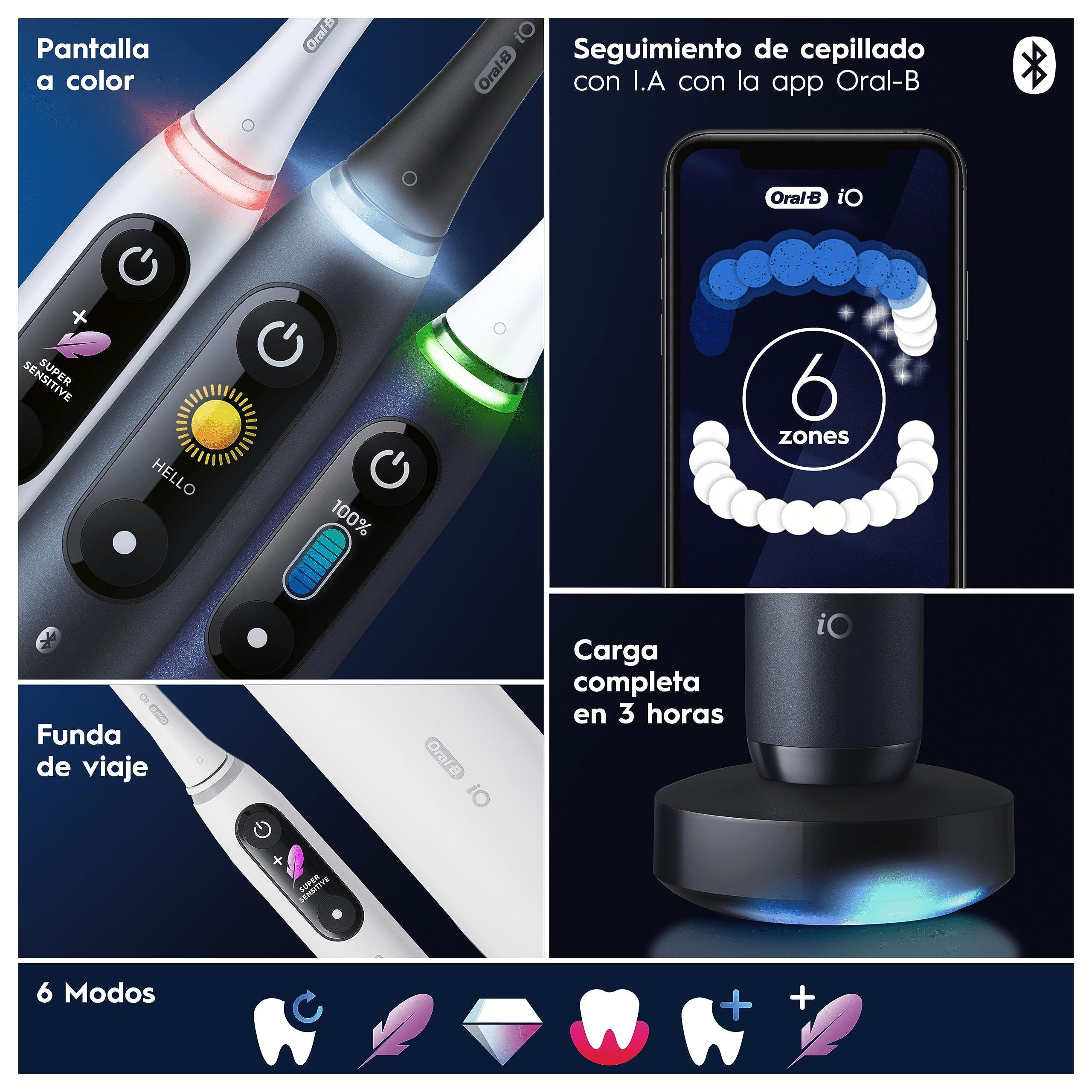Oral-B iO 8N Cepillo de Dientes Eléctrico con Mango Recargable, 3 Cabezales y Estuche de Viaje, Diseñado por Braun, Regalos Originales para Mujer y Hombre - Negro