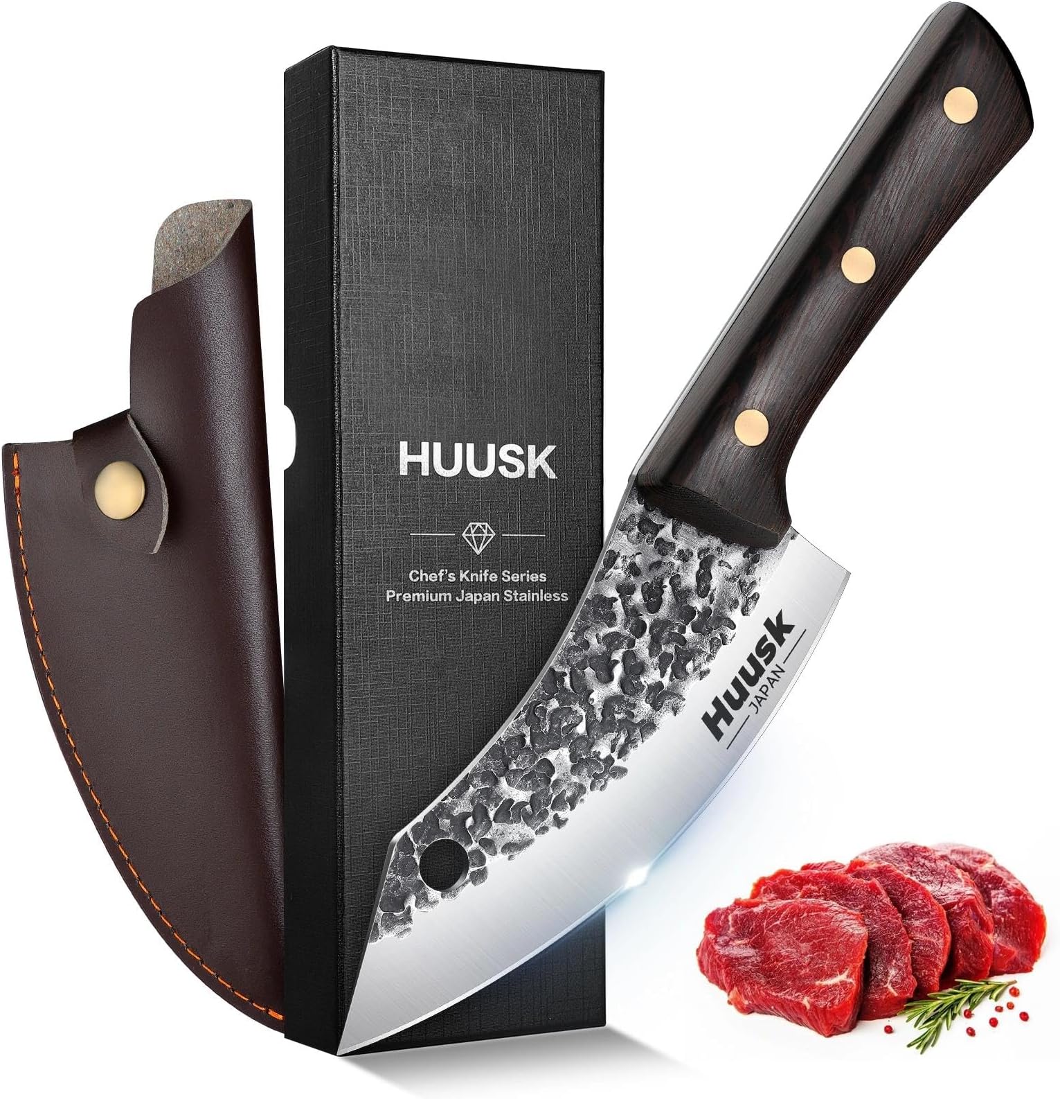 Huusk Japanese Mini Cleaver Knife, Small Meat Knives with Sheath, Unique Caveman Knives, Hand Forged Full Tang Chef Viking Knife for Fishing, Outdoor Camping, BBQ, Gift for Men and Women