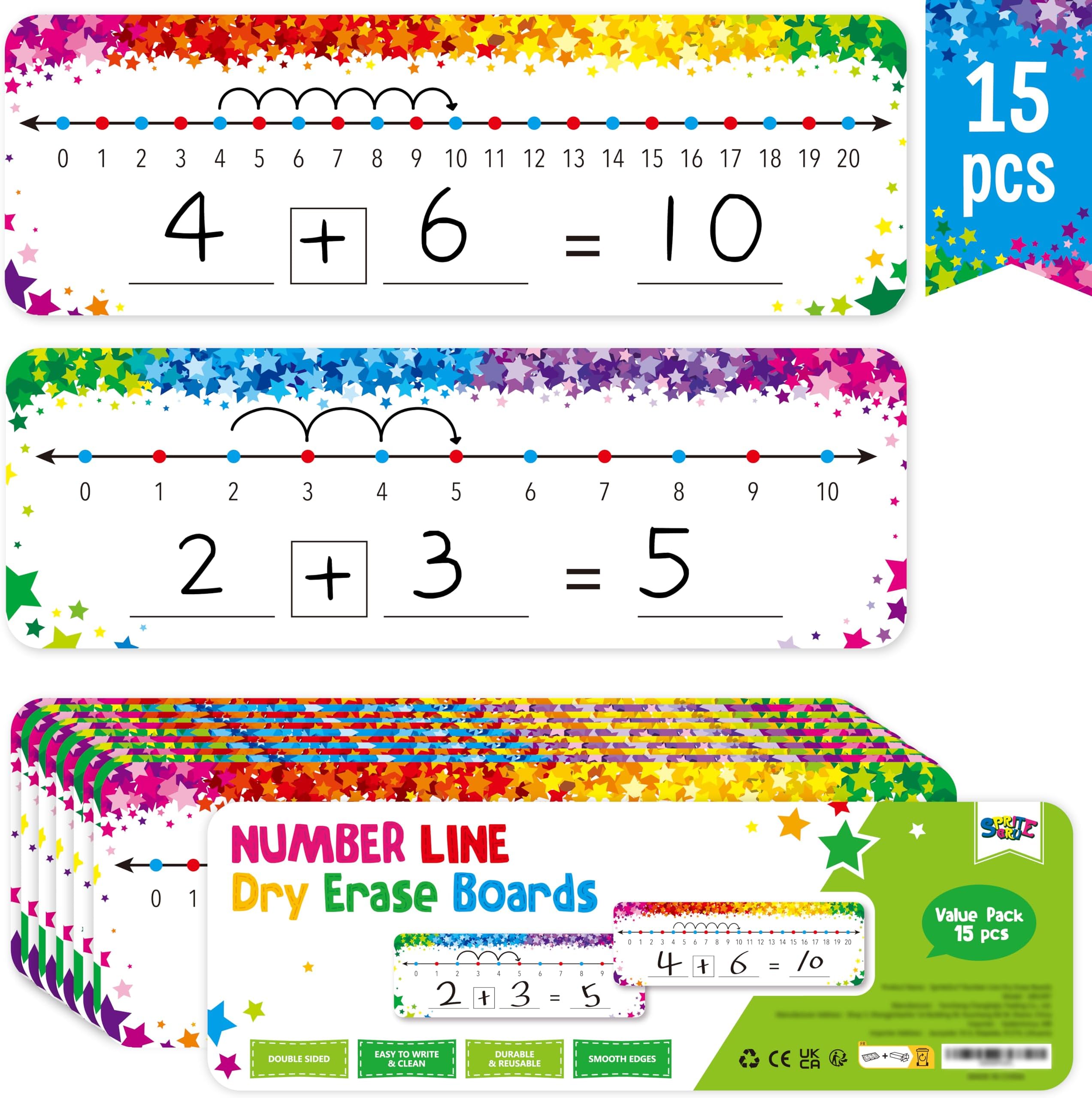15 PCS Number Line Dry Erase Boards, Writable and Erasable Double Sided Board-0-10 on One Side & 0-20 on Other Side Math White Board for Kids, Students, Classroom and Home (12” x 4”, Colorful Stars)