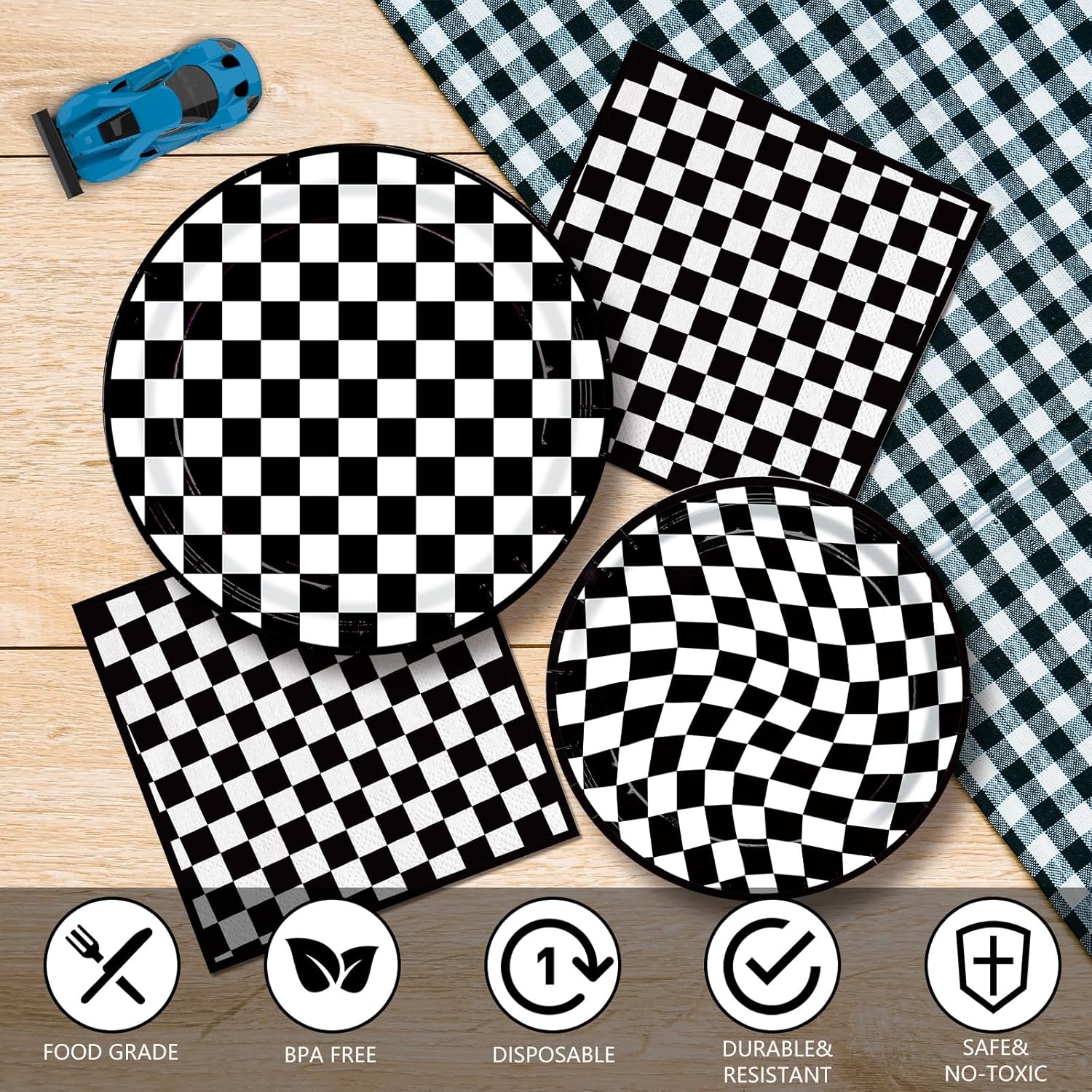 150pcs Race Car Paper Plates and Napkins Party Supplies Disposable Tableware Set Checkered Flag Racing Sports Birthday Party Decorations Serve 50 Guests - Image 3