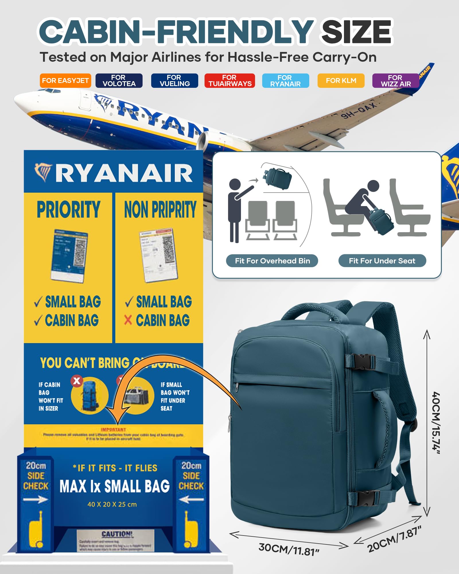 Bagage Cabine 40x30x20 Sac a Dos Voyage Cabine Avion pour Ryanair Wizzair Eurowings Vueling, Sac Valise Cabine 40x30x20 Bagage à Main Imperméable -Bleu Paon