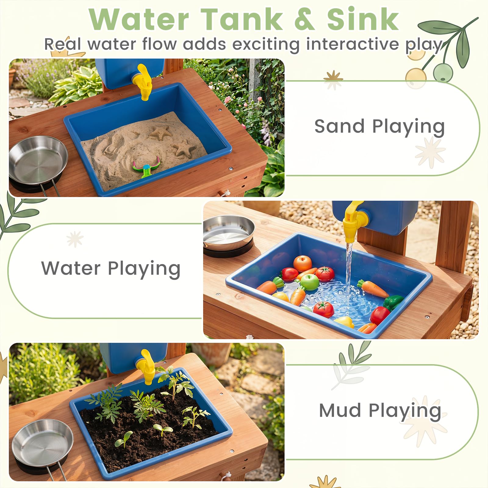 COSTWAY Cucina Giocattolo per Bambini, in Legno, per Bambini 3+ Anni | Cucinetta da Esterno con Fioriera, Lavagna, Rubinetto e Serbatoio, Cucina da Fango Interattiva con Accessori per Giardinaggi
