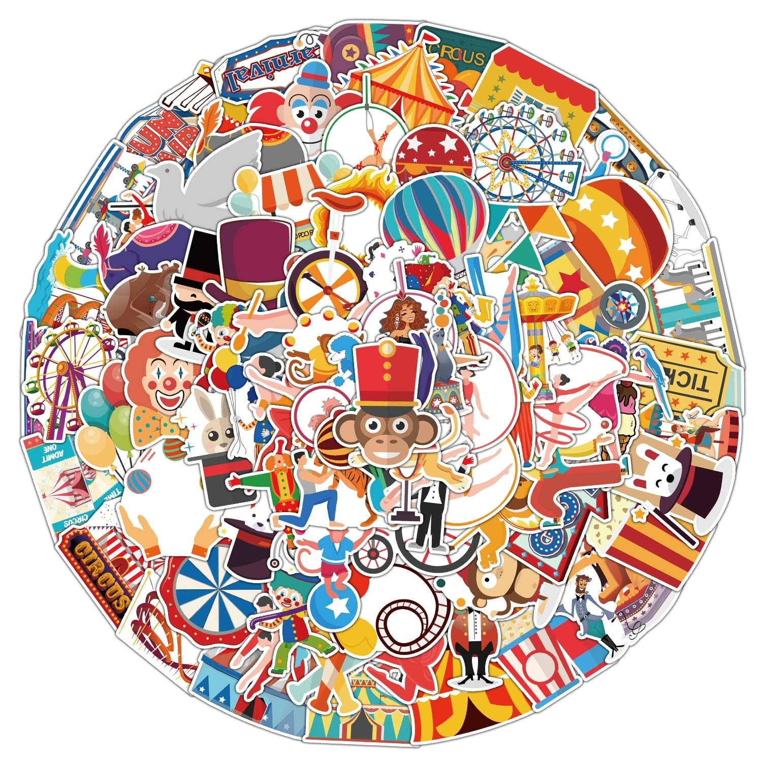 100 Pcs Circus Vinyl Stickers,Animal Clown Graffiti Stickers,Vinyl Waterproof Sticker for Kids Teens Girls,for Phone Laptop Bottles Skateboard Computer Phone Luggage Guitar Gifts Sticker - Image 3