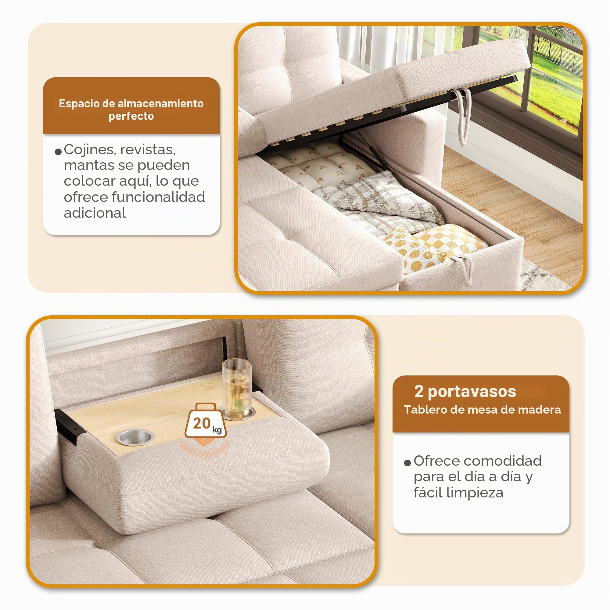 Soweiz Sofá cama modular L-sofá cama extensible con función de dormir equipado con espacio de almacenamiento, soporte para bebidas retráctil, adecuado para sala de estar, cine en casa (beige)