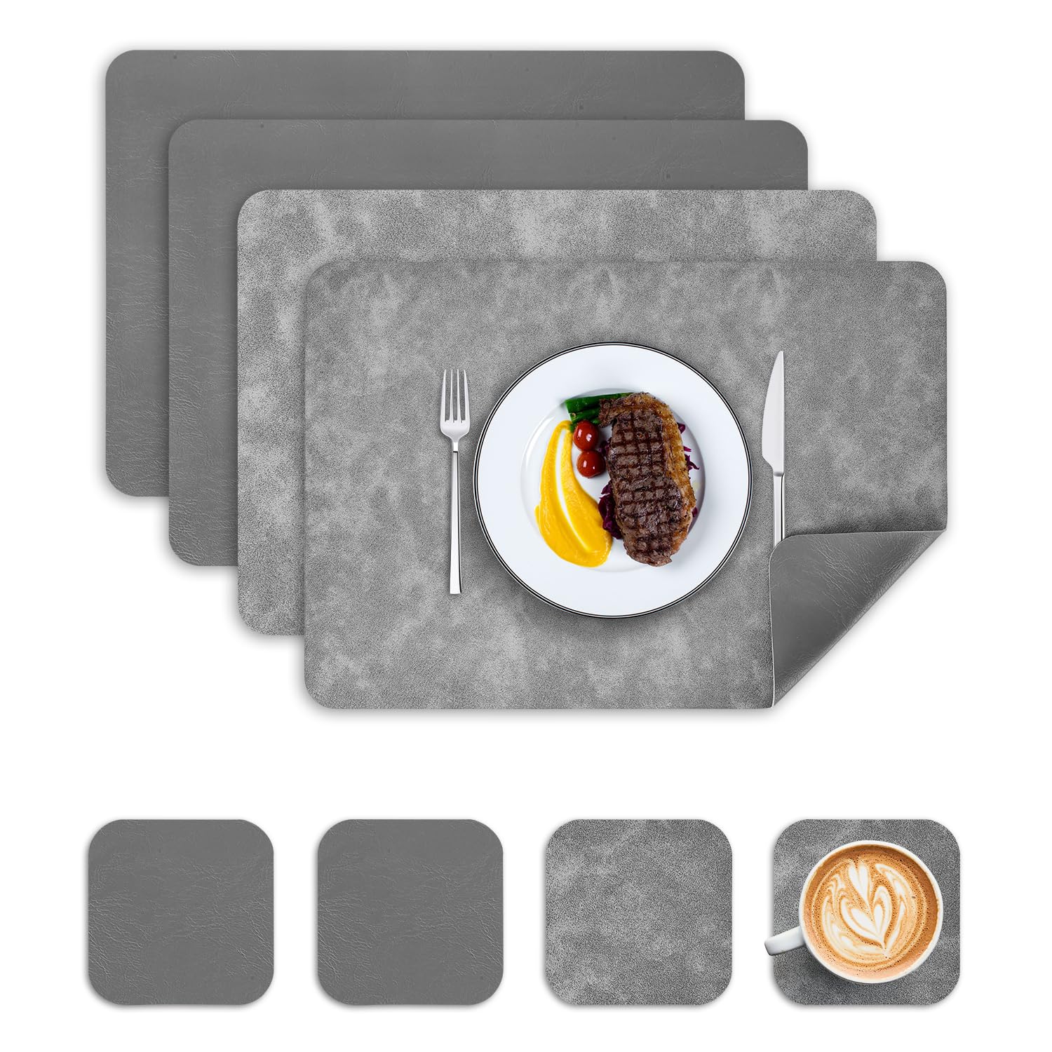 Wanfolle Tischsets Abwaschbar und Untersetzer 4er Set, Tischsets Leder Platzset Abwischbar Doppelseitigen Hitzebeständig Wasserdicht rutschfest Platzdeckchen Lederoptik (Grau Dunkelgrau)