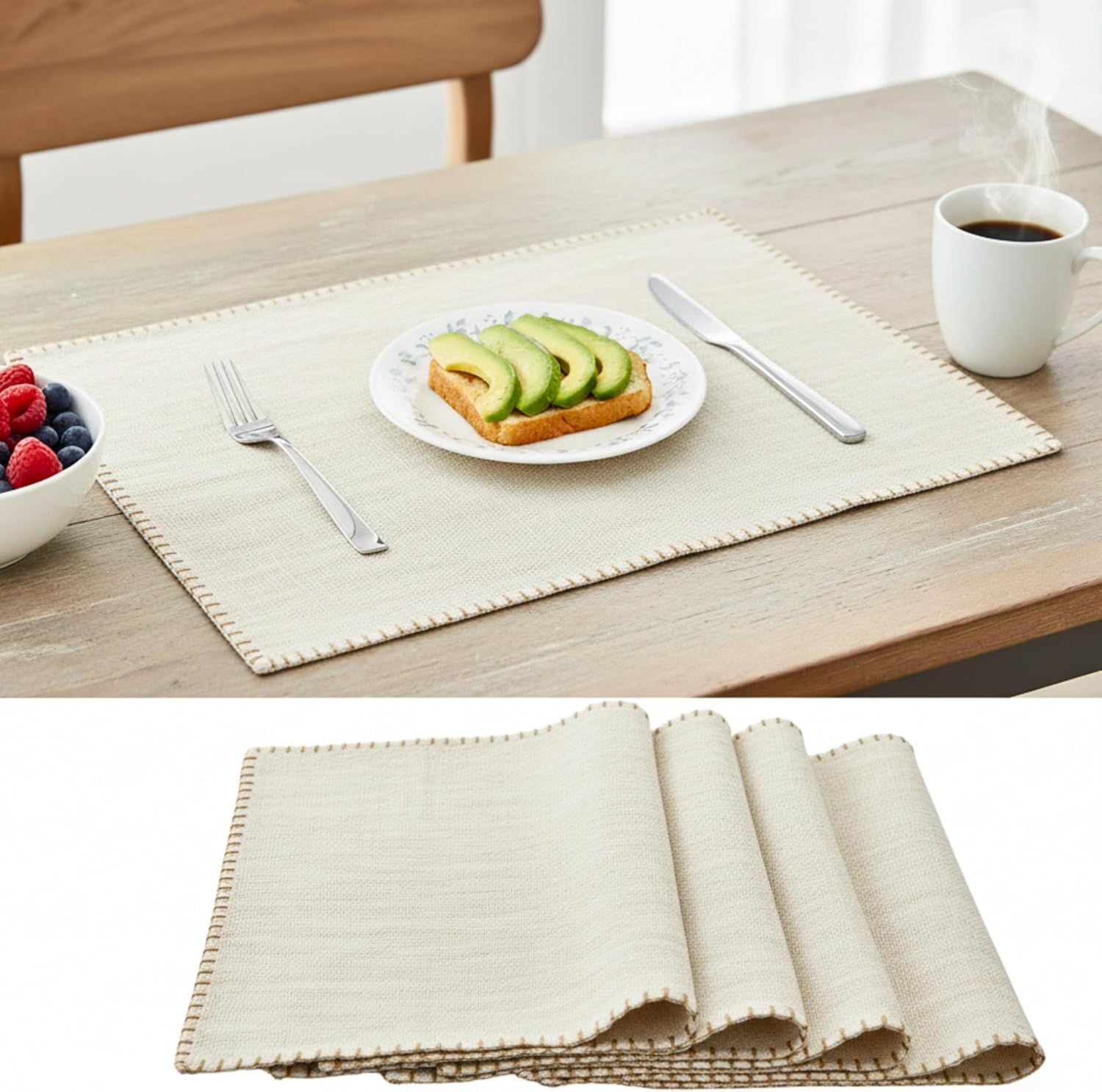 Dining Table Placemats with Decorative Stitched Edge Textured Organic Cotton Cloth Kitchen Table Mats Machine Washable Woven Fabric Dinner Mats Washable Table Plate Mats Cream White 14”x20” Set of 4