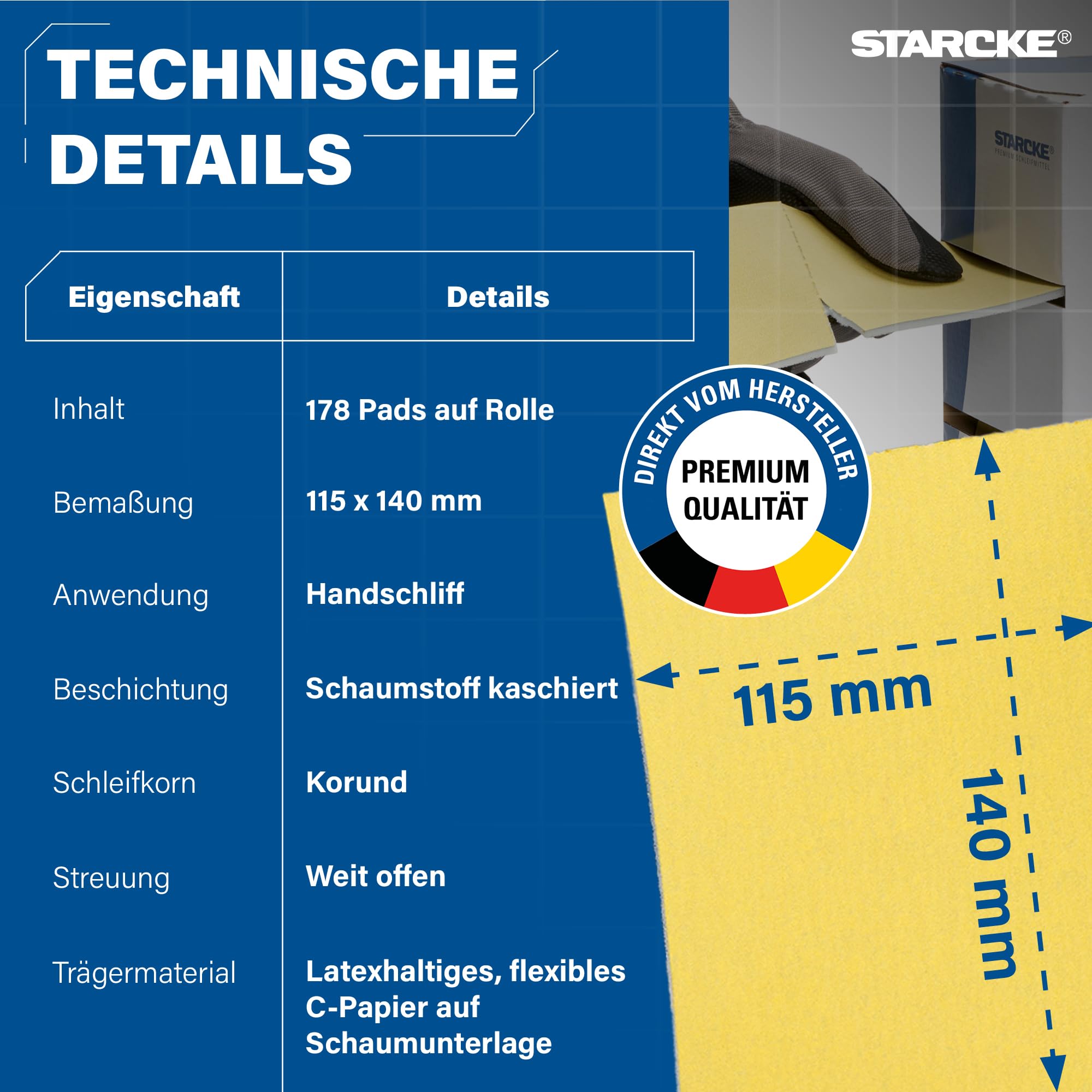 STARCKE® Schleifpapier Set 178x [25m Rolle] Abreißbar mit Schaumstoff - MADE IN GERMANY - Schleifpad Set mit Stearatbeschichtung - für Gips, Lack, Holz, Spachtel, Autolack, Maler (P150)