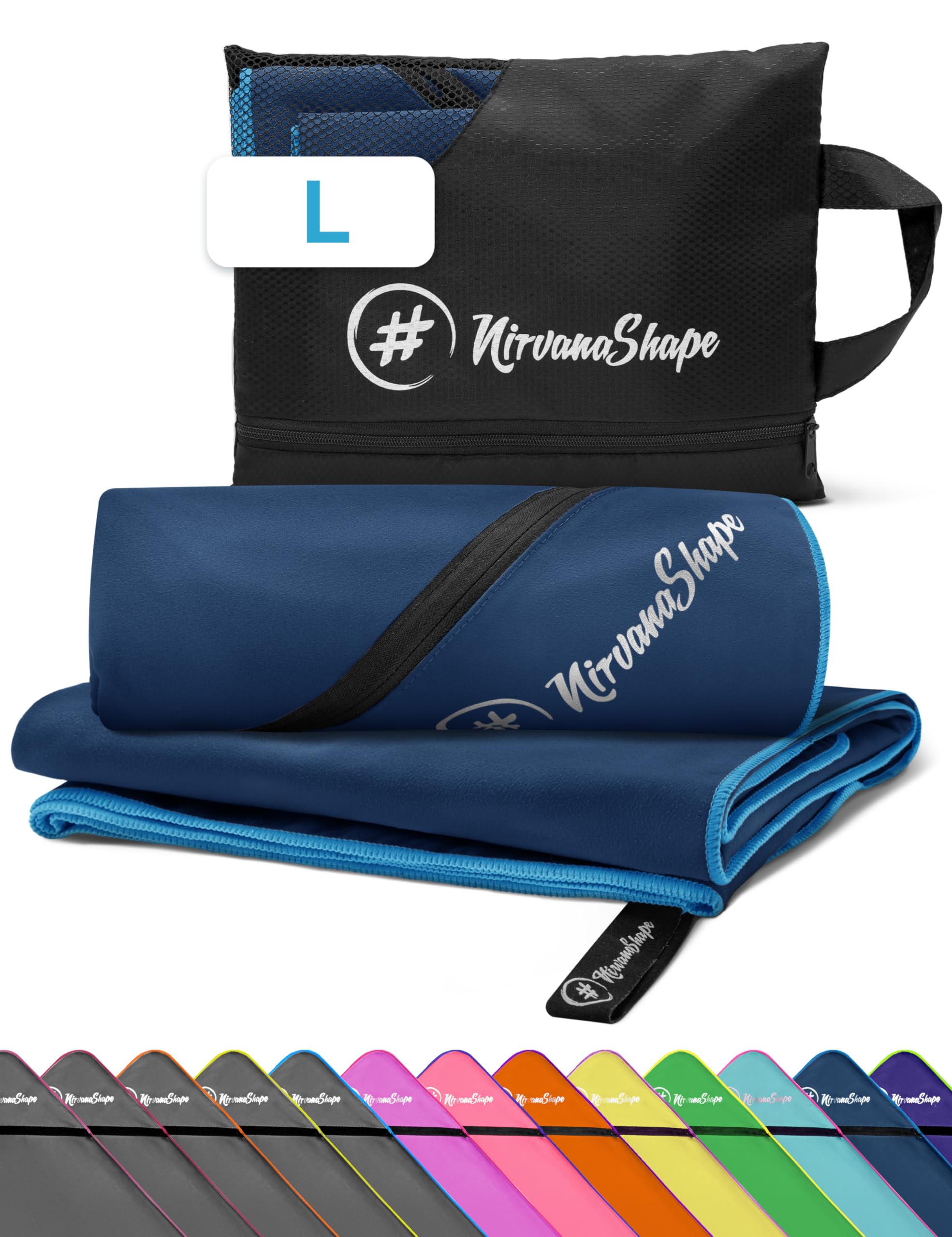 NirvanaShape Microfiber - Travel Towel for Beach Sports, L 140 x 70 cm, Navy / Lightblue Seam, L: 140 x 70 cm