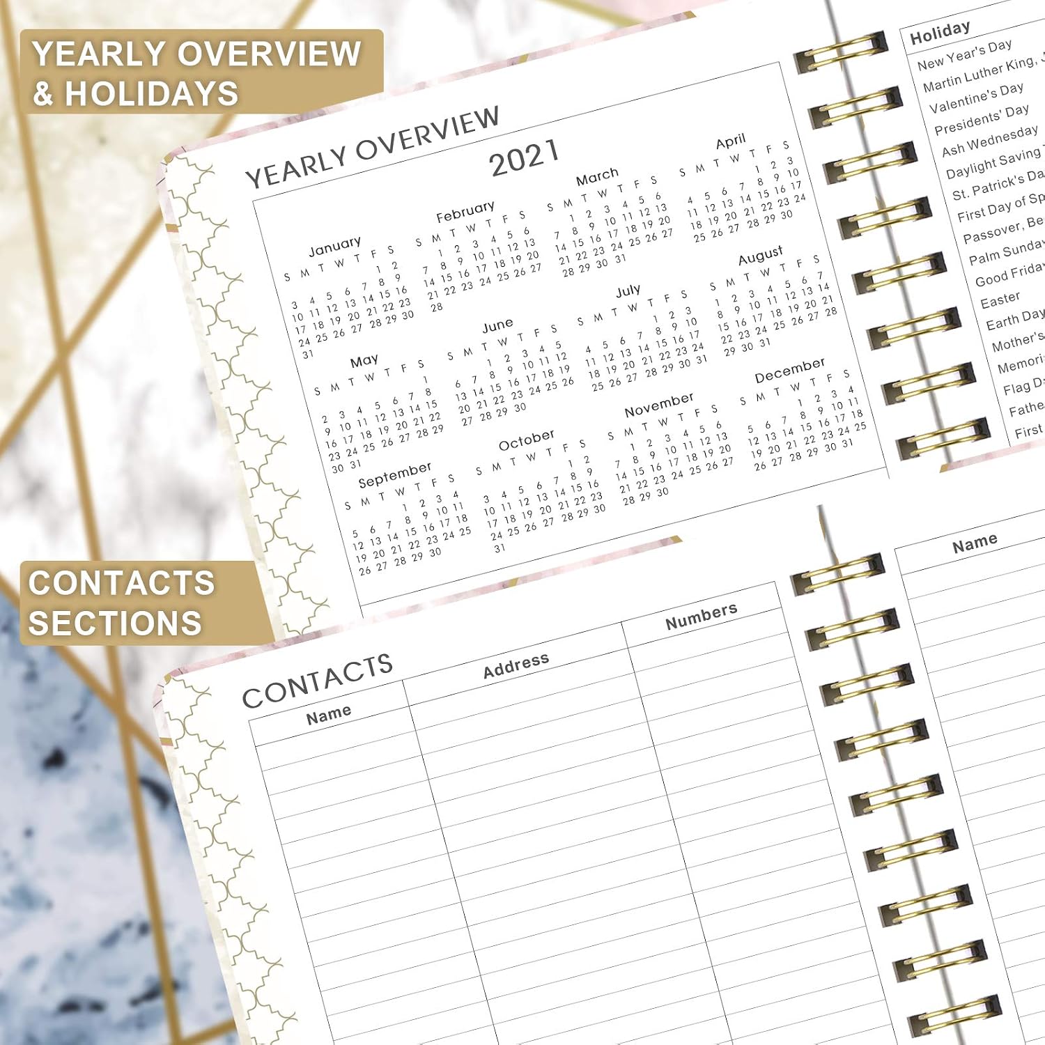 2021 Planner - Weekly & Monthly Planner with Tabs, 6.3" x 8.4", Jan. - Dec. 2021, Hardcover with Pocket + Thick Paper + Banded, Twin-Wire Binding - Marble