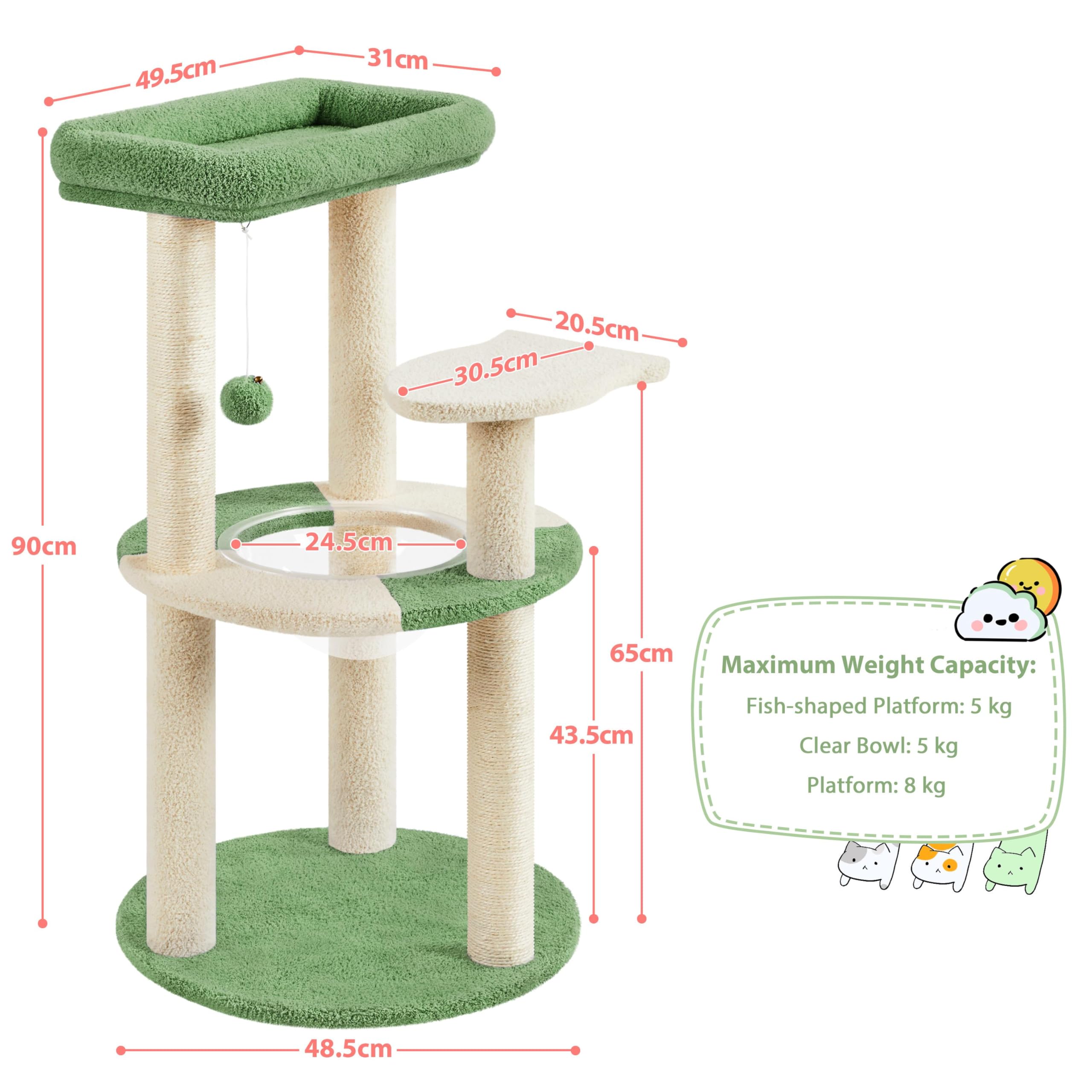 Yaheetech Albero Tiragraffi per Gatti in Sisal Cuccia per Gattini Gioco Gatto con Ciotola Altezza 90cm Verde Militare e Beige