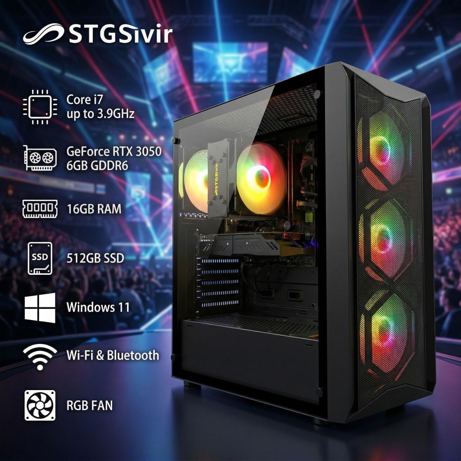 STGsivir Gaming PC, Gaming Computer Desktop Tower, GeForce RTX 3050 6GB GDDR6, Core i7 up to 3.9GHz,16GB RAM DDR, 512GB SSD, WIFI 6, BT 5.0, RGB Fan x3, Windows11 PRO — view 2
