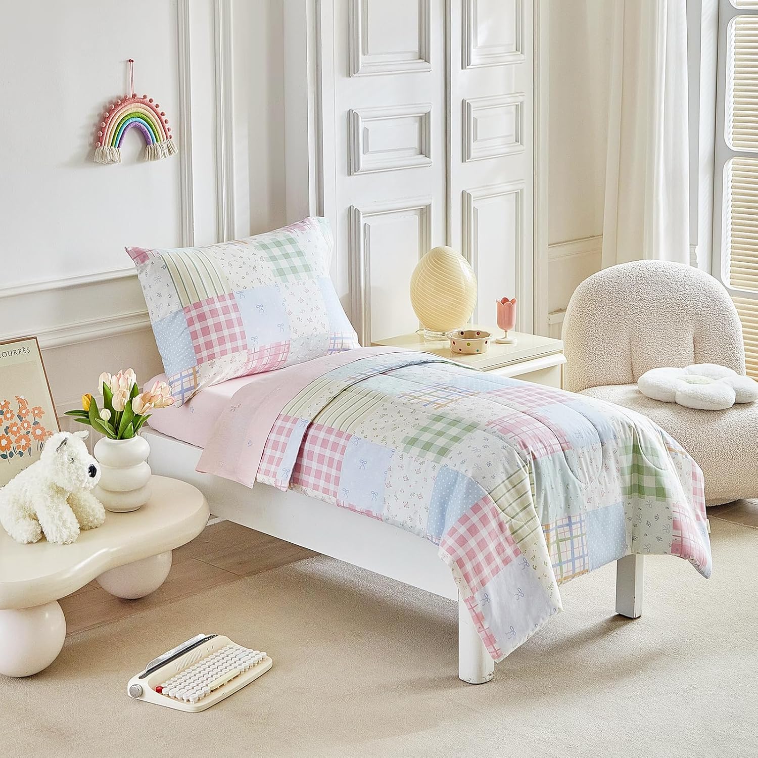 Joyreap 4 Piece Cotton Toddler Bedding Set- Gingham Check Patchwork Design, Toddler Comforter Set for Girls, Includes Quilted Comforter, Fitted Sheet, Top Sheet, and Pillow Case