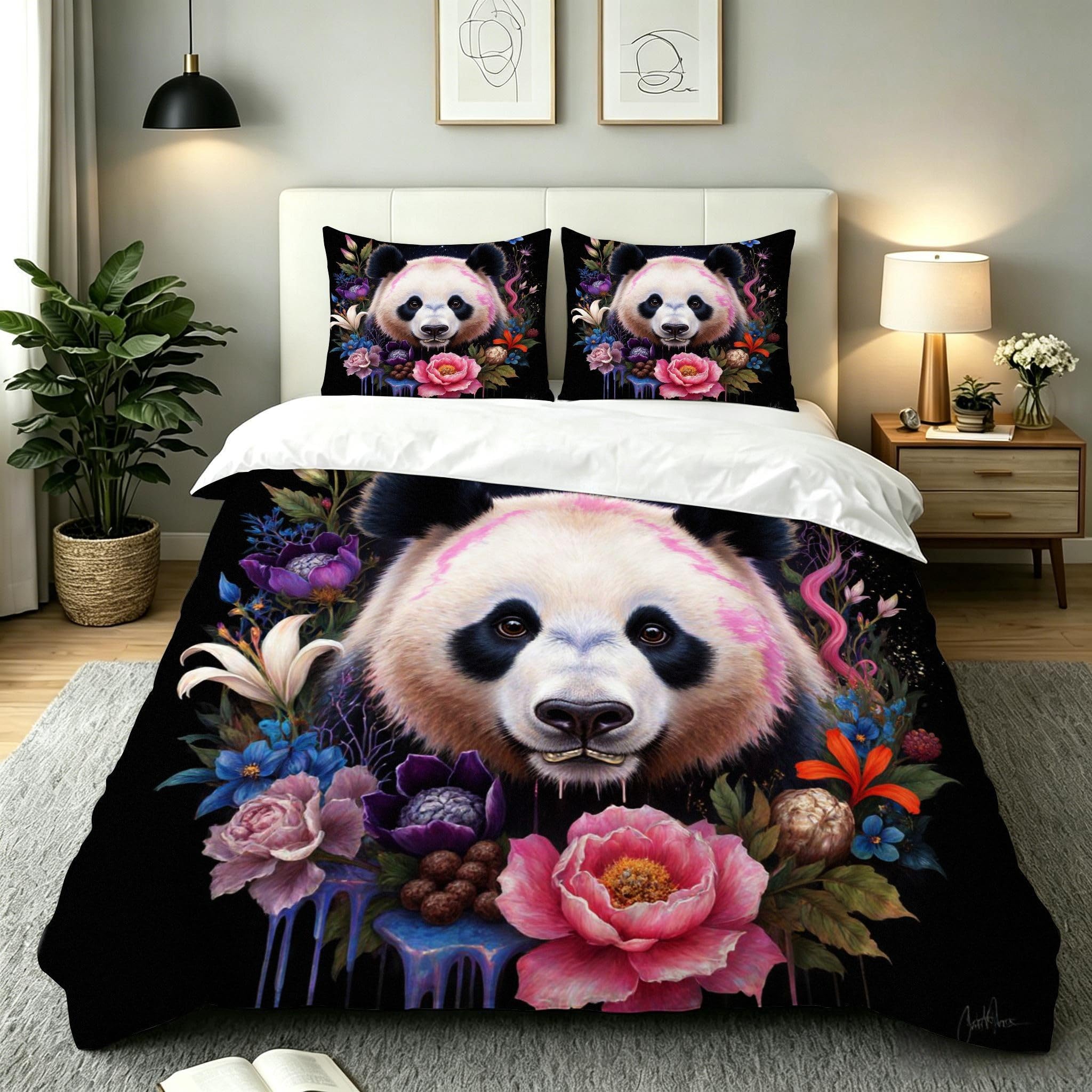 Funda Nordica Cama 150-220x240 Flores Animales Oso Panda, Juego de Ropa de Cama de Microfibra para Adultos, Funda de Edredón Cama 220x240 con Cremallera y 2 Funda de Almohada 50x75 cm_A19259