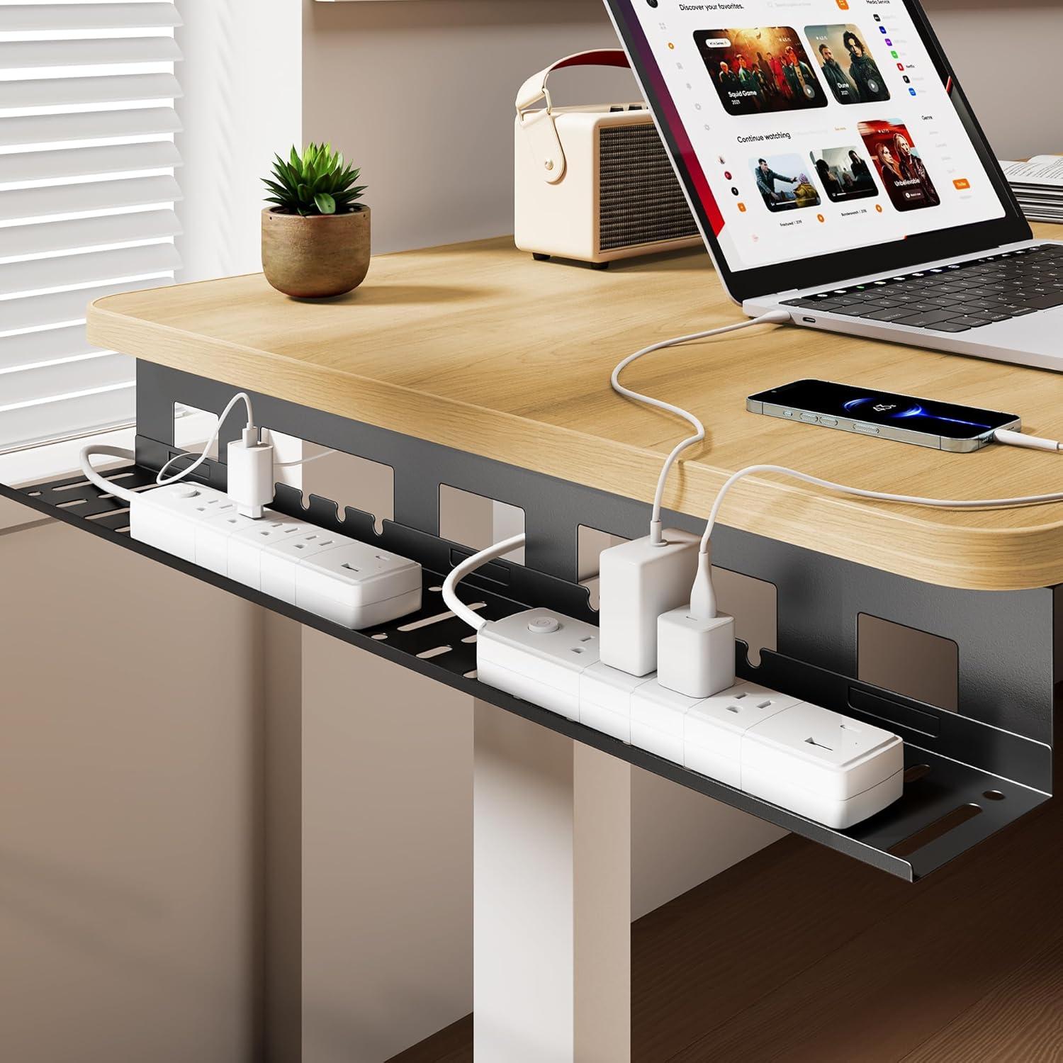Photo 1 of Under Desk Cable Management Tray, 31.5 Inches Metal Cord Organizer Rack, Desk Tray for Power Strip, Cord, Wire, Easy Mounting Cable Management Under Table for Home Office, Black 