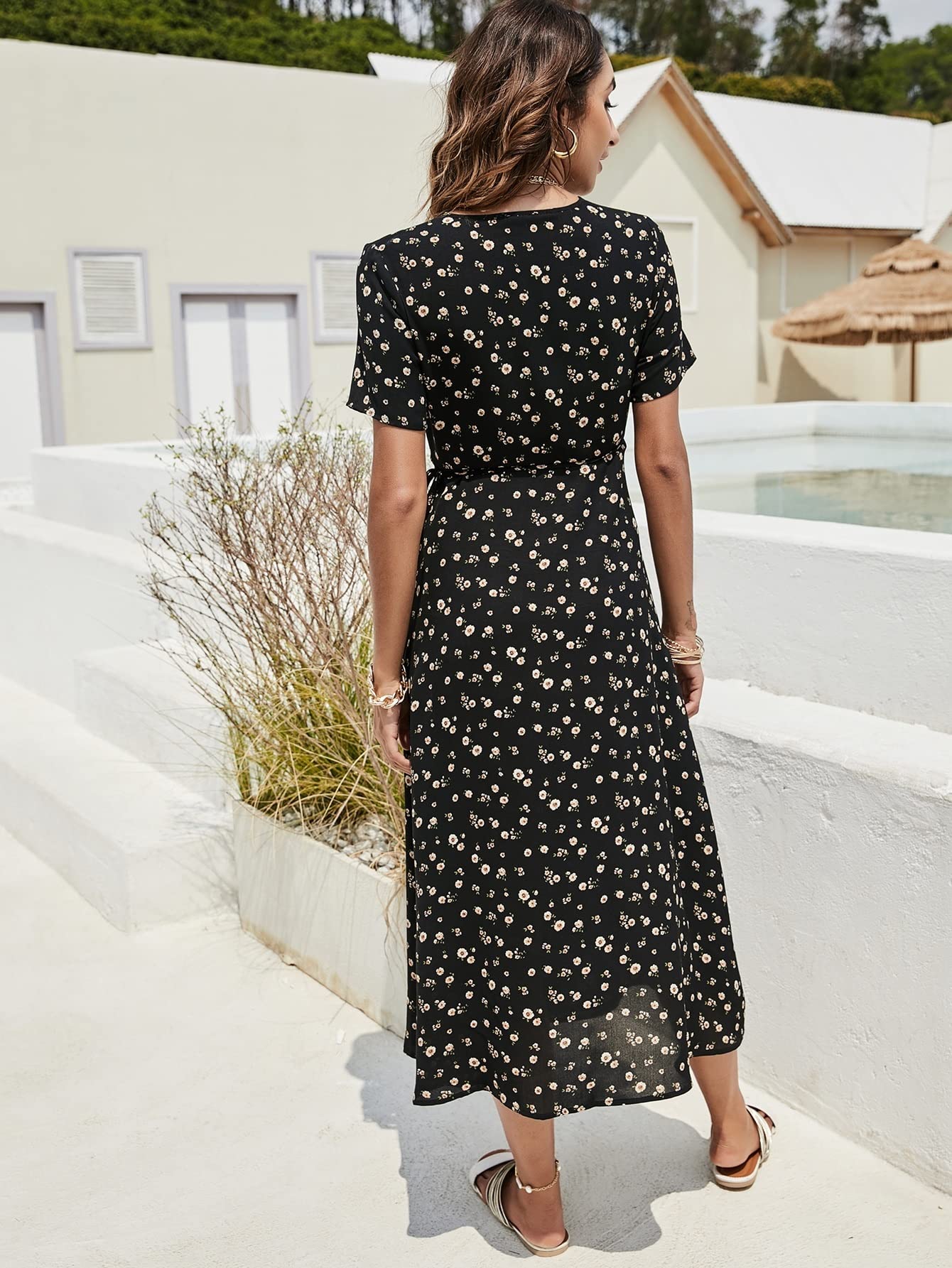 Summer Women's Black Dress V Neck Floral Knot Side Wrap Long Summer Women's Black Dress V Neck Floral Knot Side Wrap Long