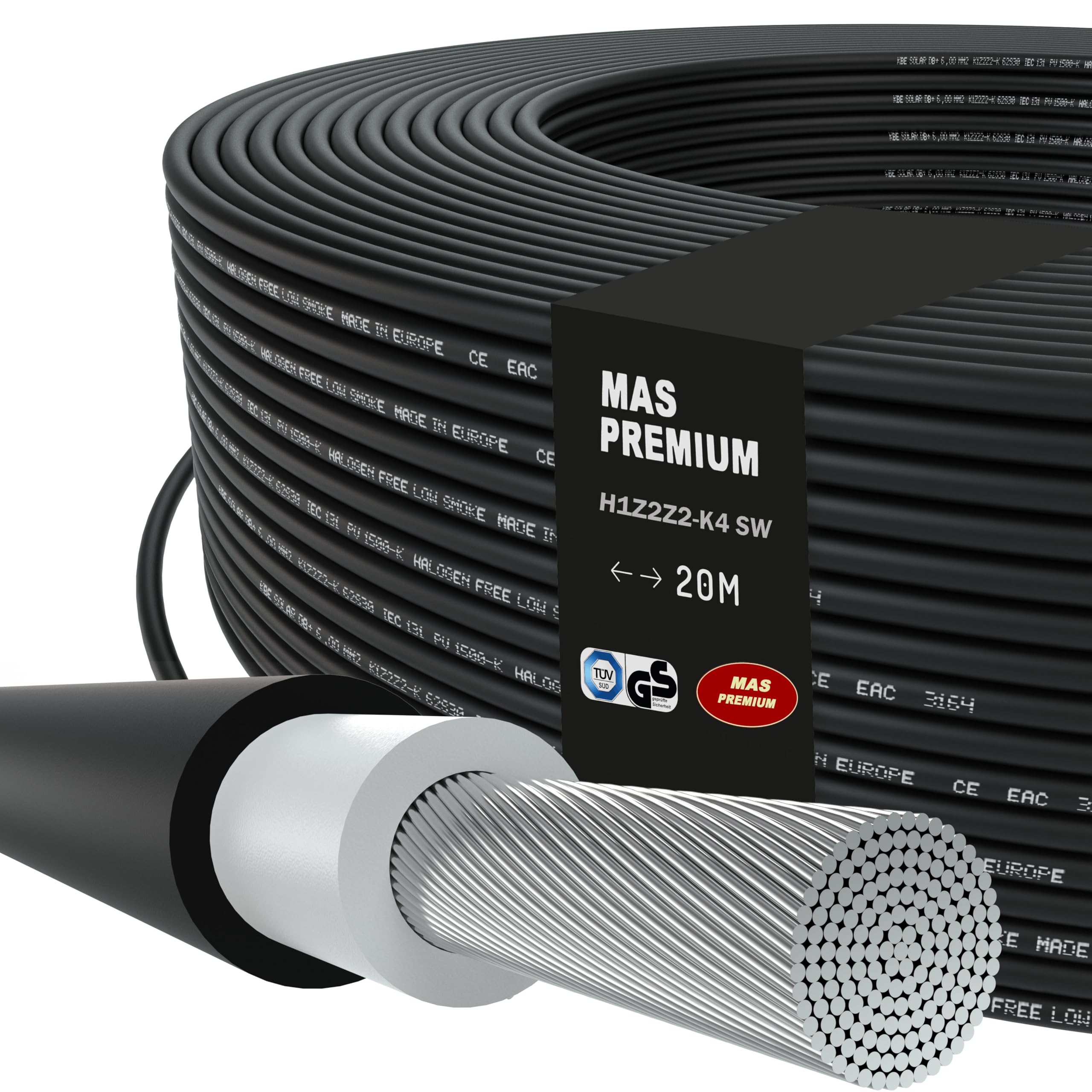 Przewód solarny H1Z2Z2-K 4 mm², od 5 do 200 m, kabel solarny czarny, czerwony lub niebieski, układany w ziemi, pojedynczy przewód fotowoltaiczny, bezhalogenowy, podwójna izolacja (czarny, 20 m)