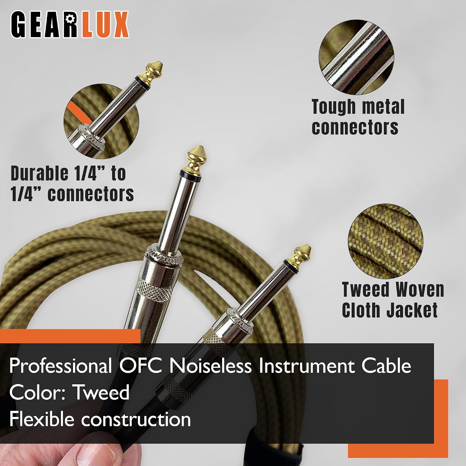 Gearlux Instrument Cable/Guitar Cable, 1/4 Inch, Straight to Straight, Tweed, 25 Feet - Single Pack
