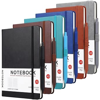 Ziouabaf 6 Pack Notebooks for Work with Pens, A5 Hardcover Leather Journal Notebooks, 200 Pages 80GSM Thick Paper, College Ruled Lined Notebook, Business Notebook for Office, 5.7" x 8.3"