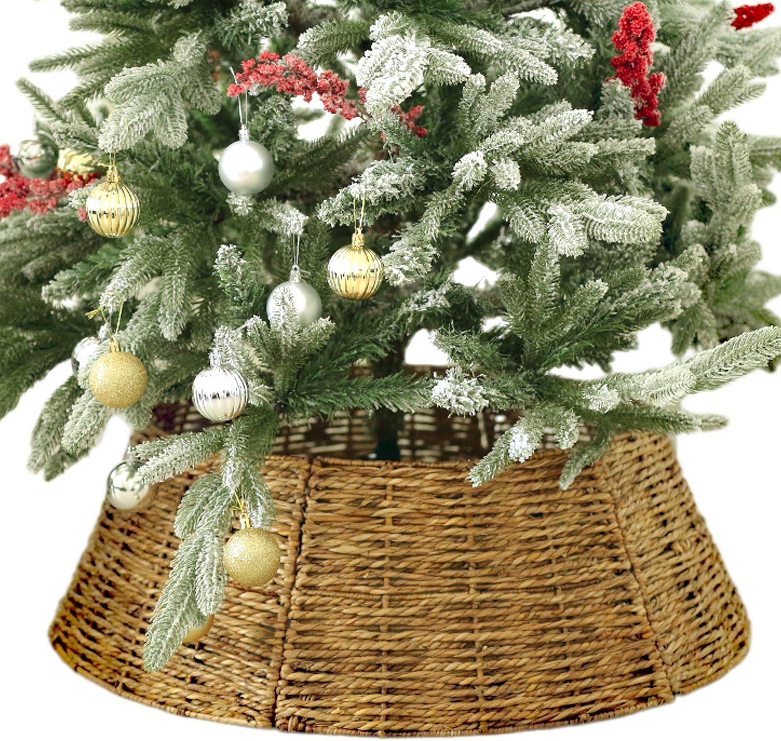 28 Inch Christmas Tree Collar for Artificial Tree, Pencil Tree - Wicker Xmas Tree Base Cover - Tree Skirt Collar - Christmas Tree Stand Cover, Xmas Tree Basket Base with Cord Cut Out