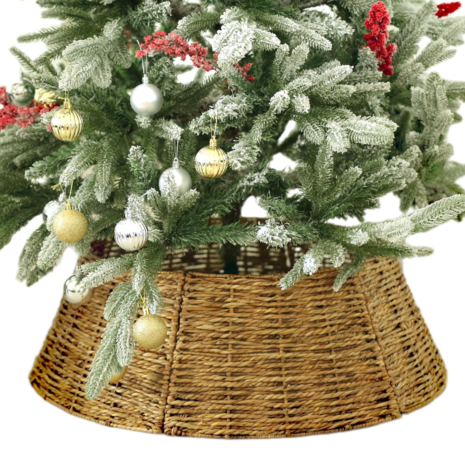 28 Inch Christmas Tree Collar for Artificial Tree, Pencil Tree - Wicker Xmas Tree Base Cover - Tree Skirt Collar - Christmas Tree Stand Cover, Xmas Tree Basket Base with Cord Cut Out