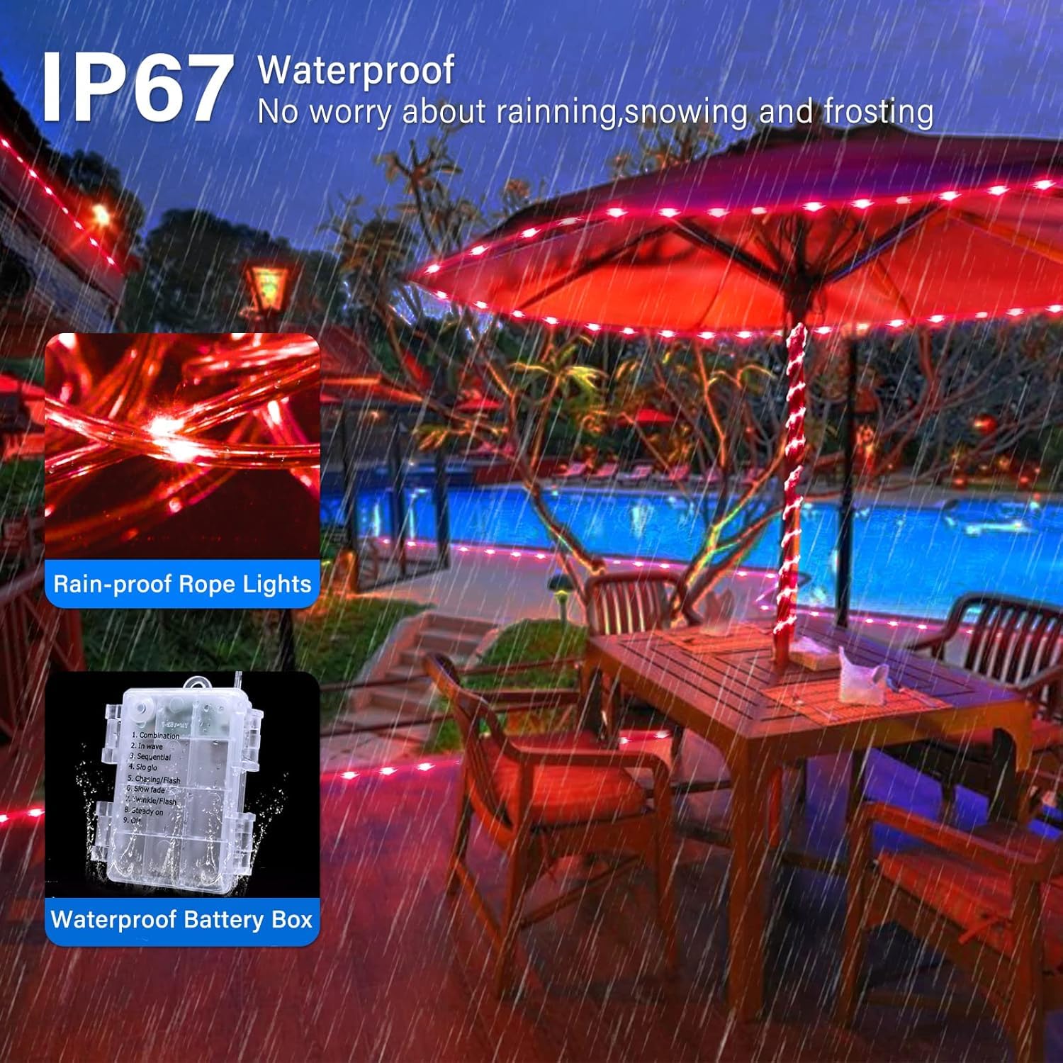 Corda String Lights, Impermeabile 8 Modalità/Batteria Luci di Natale, String Lights Outdoor Indoor per Trampolino Campeggio Canopy Tenda Deck Decor (Rosso, 32M/105ft 300LED)
